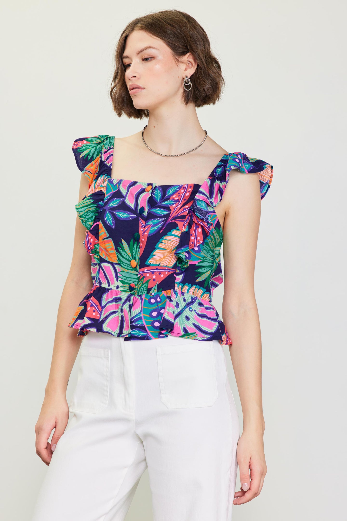 Ula Tropical Print Ruffled Sleeve Top