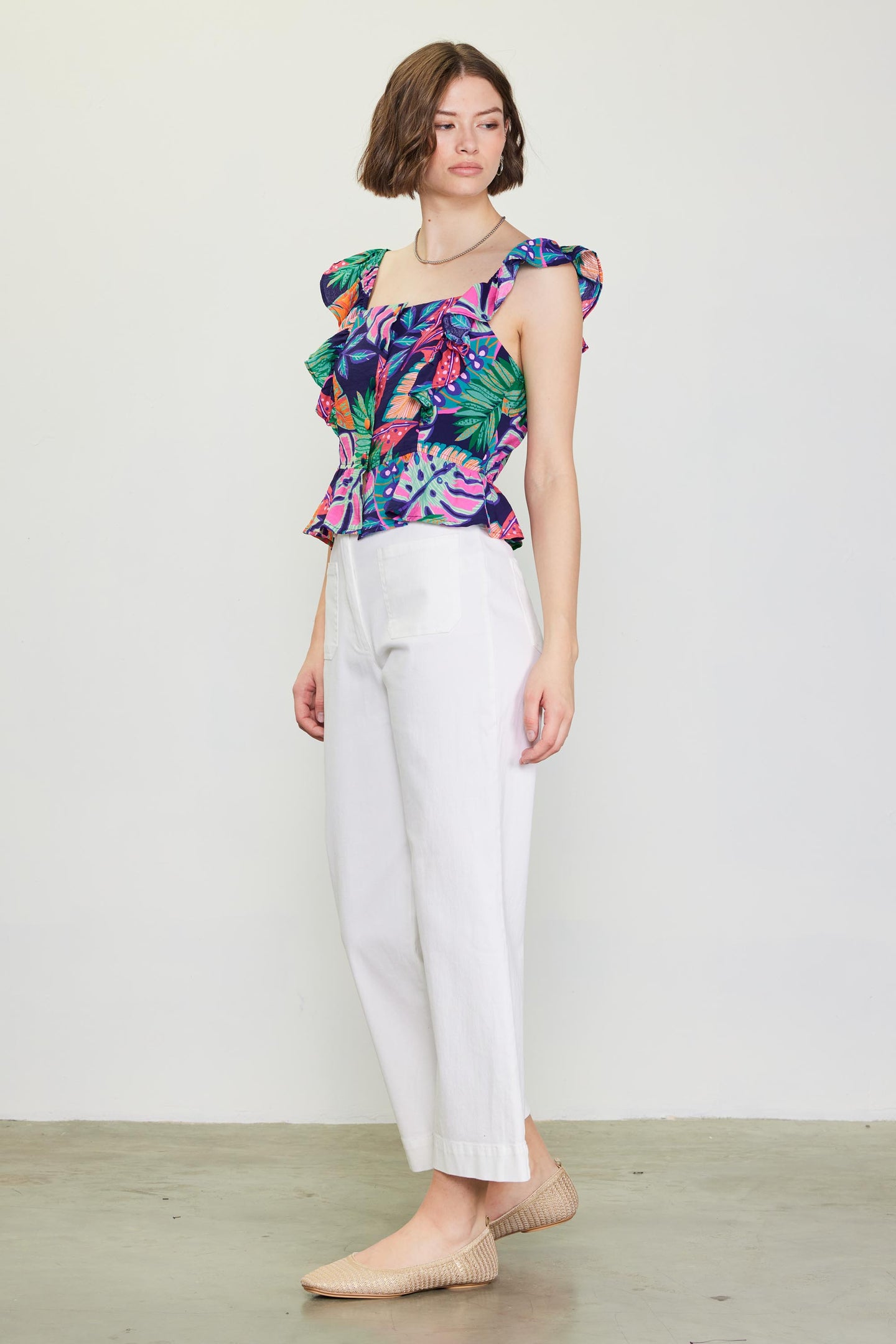 Ula Tropical Print Ruffled Sleeve Top