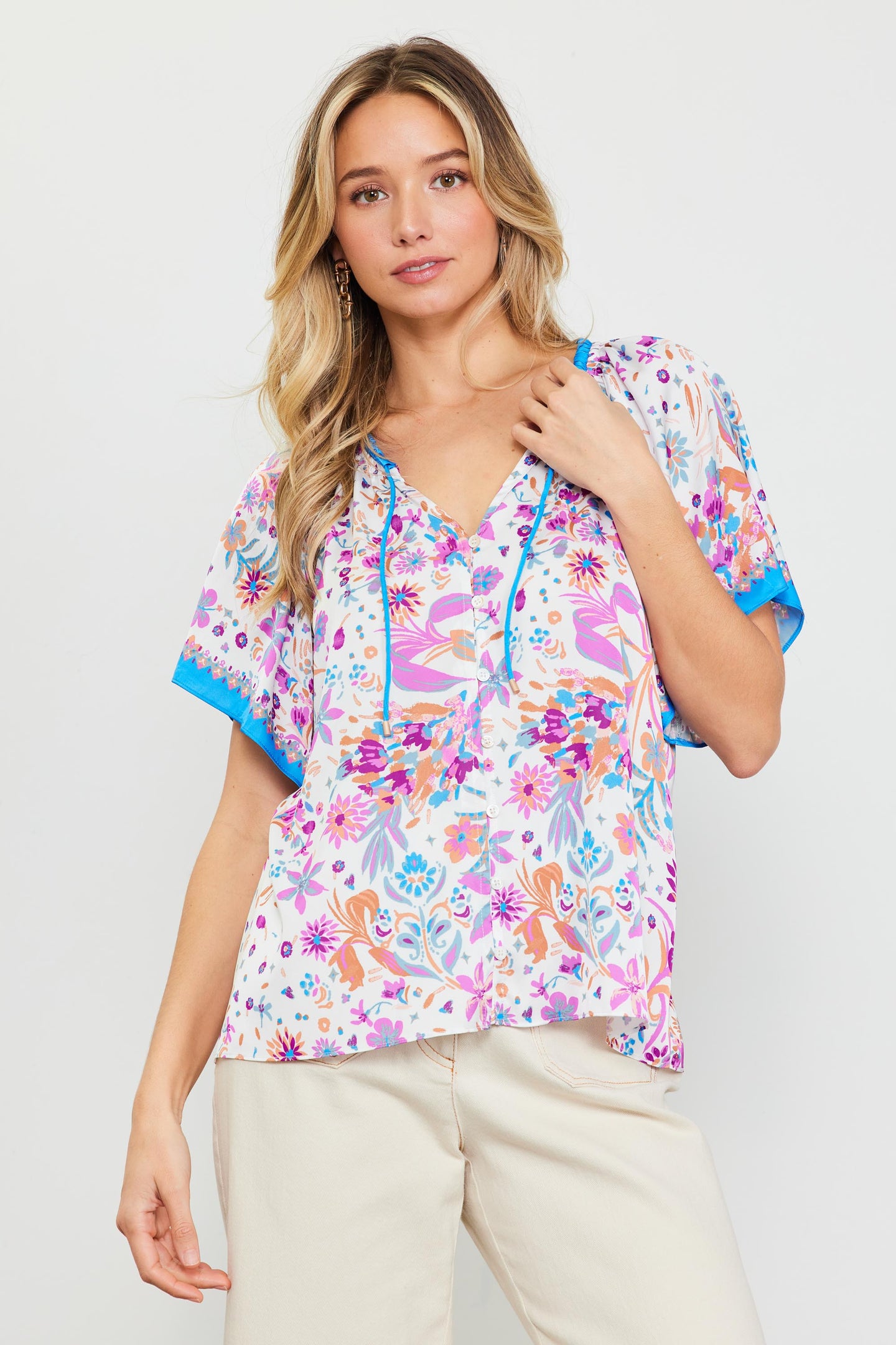 Magnolia Border Print Short Sleeve Top