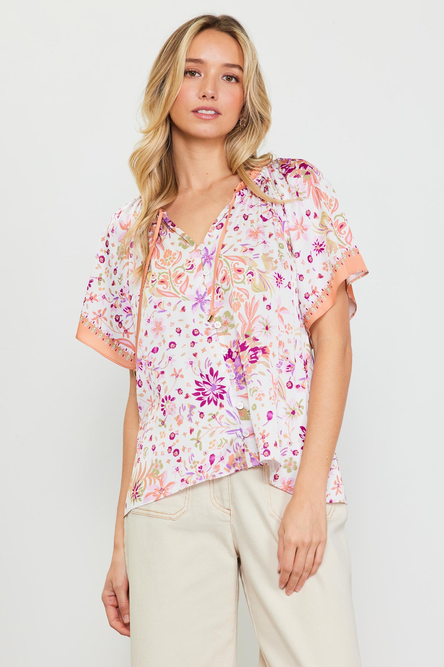 Magnolia Border Print Short Sleeve Top