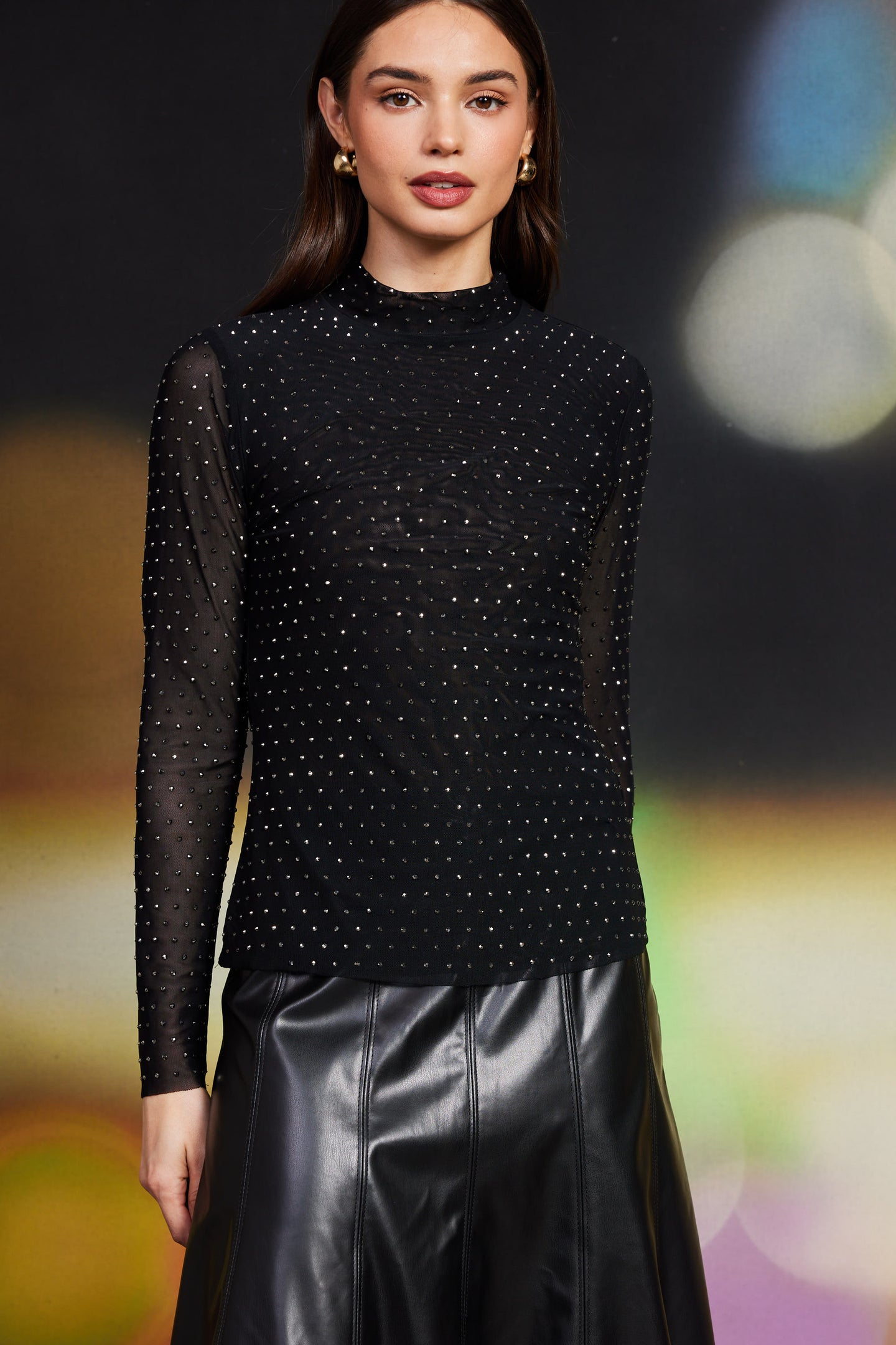 Rhinestone Mesh Mock Neck Top