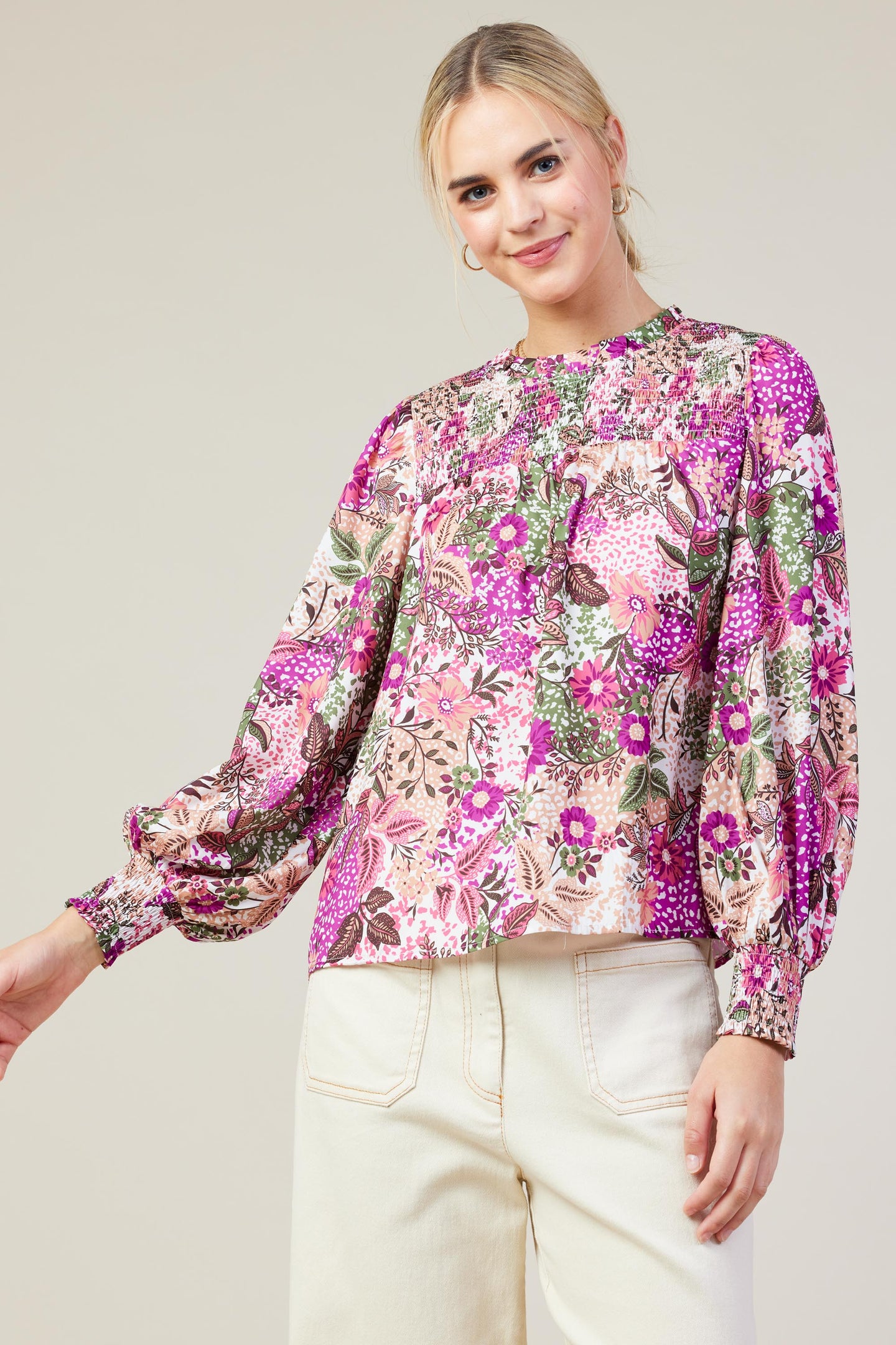 Floral Print Smocked Neckline Blouse