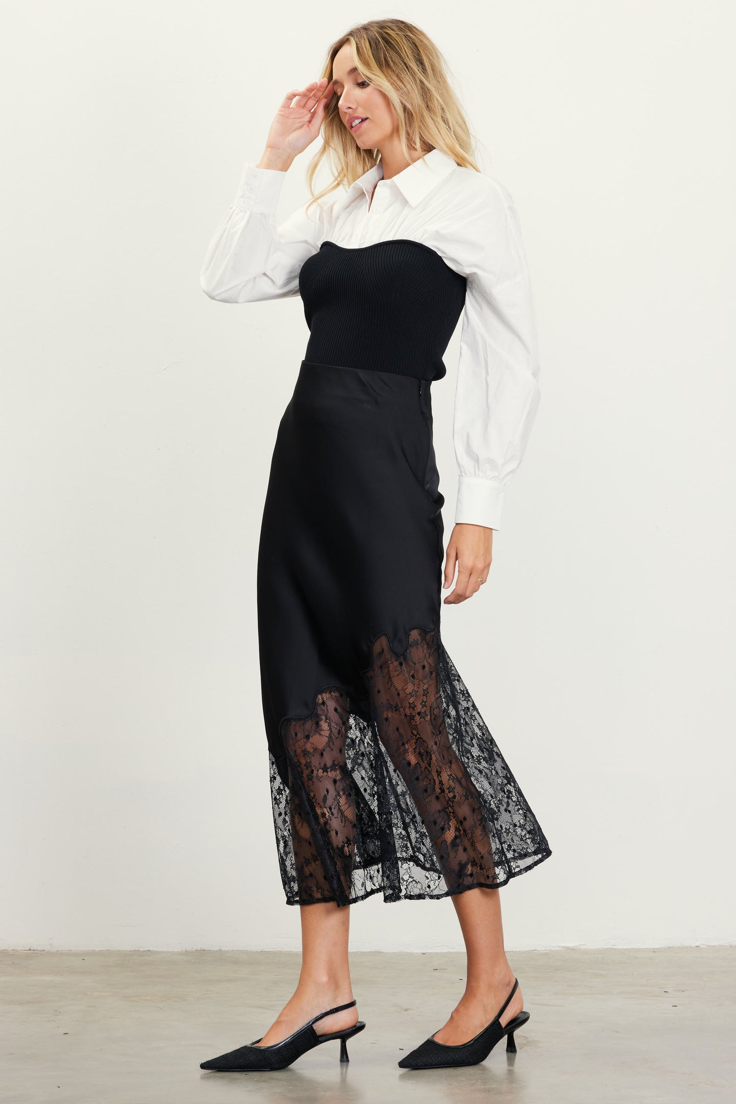 Asymmetrical Lace Satin Skirt