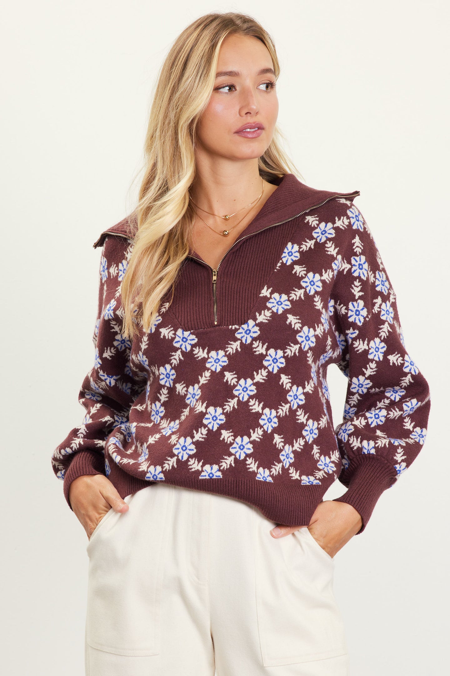 Intarsia Knit Half Zip Sweater