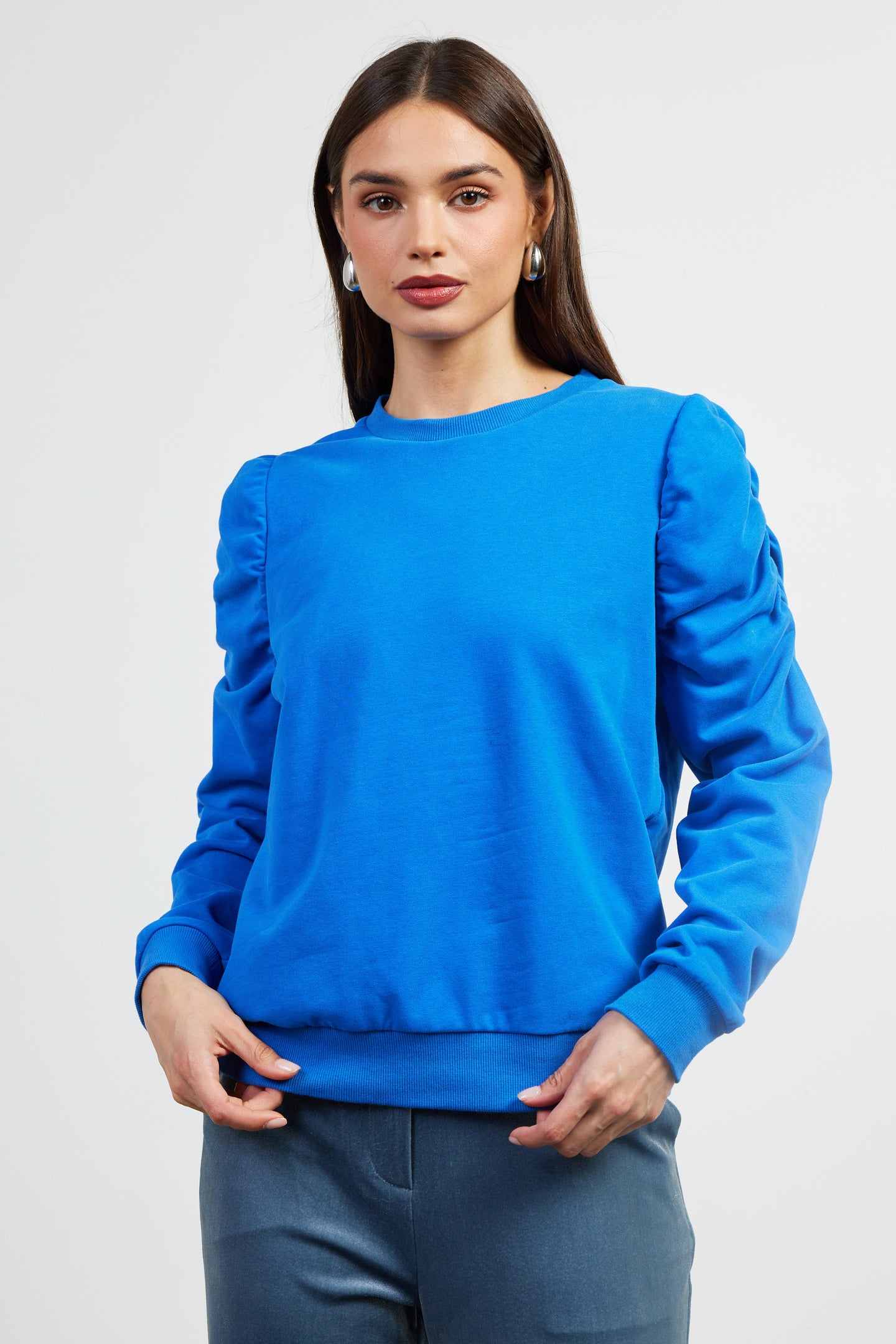 Ruched Sleeves Crewneck Sweatshirt