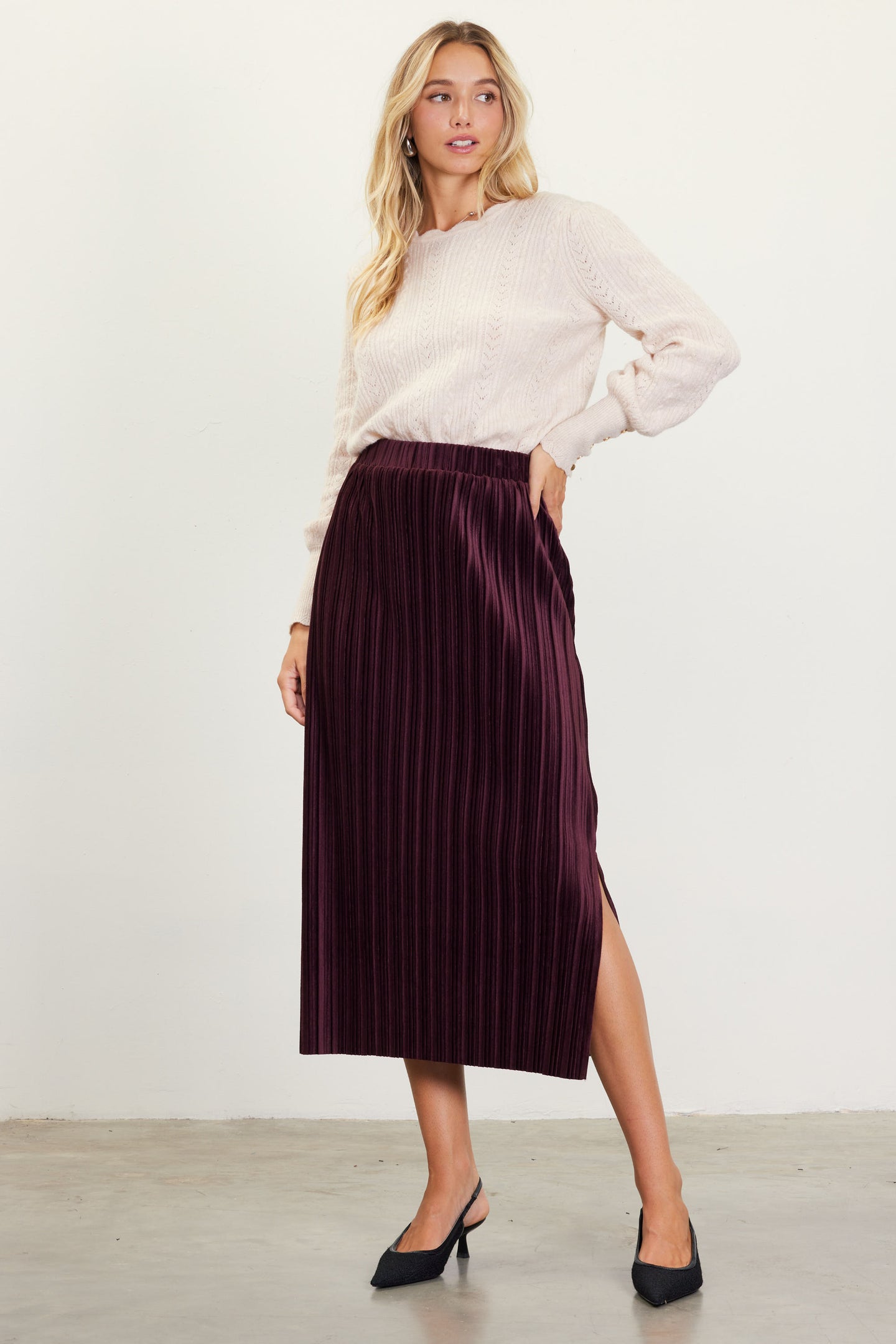 Pleated Velvet Midi Skirt