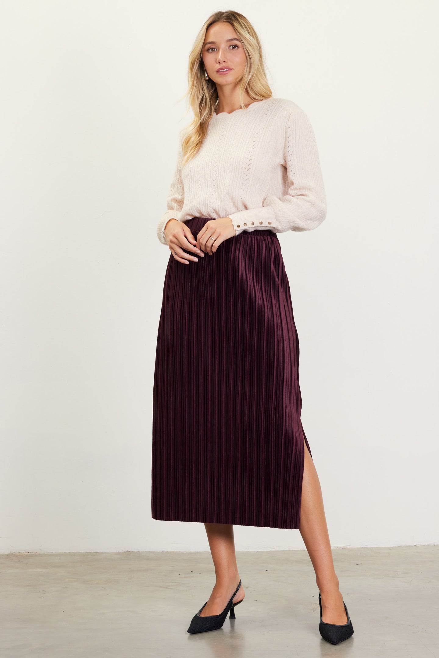 Pleated Velvet Midi Skirt