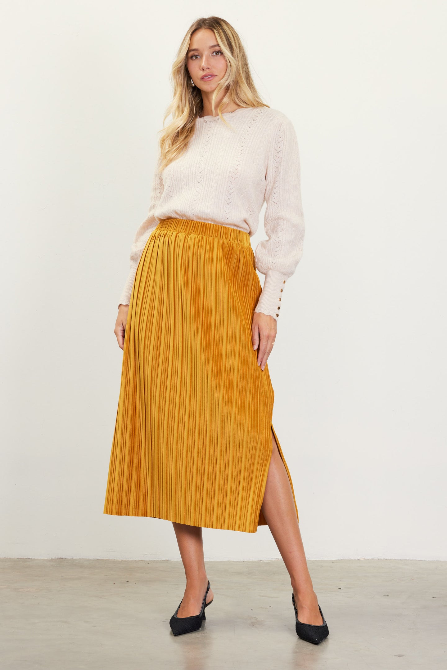 Pleated Velvet Midi Skirt