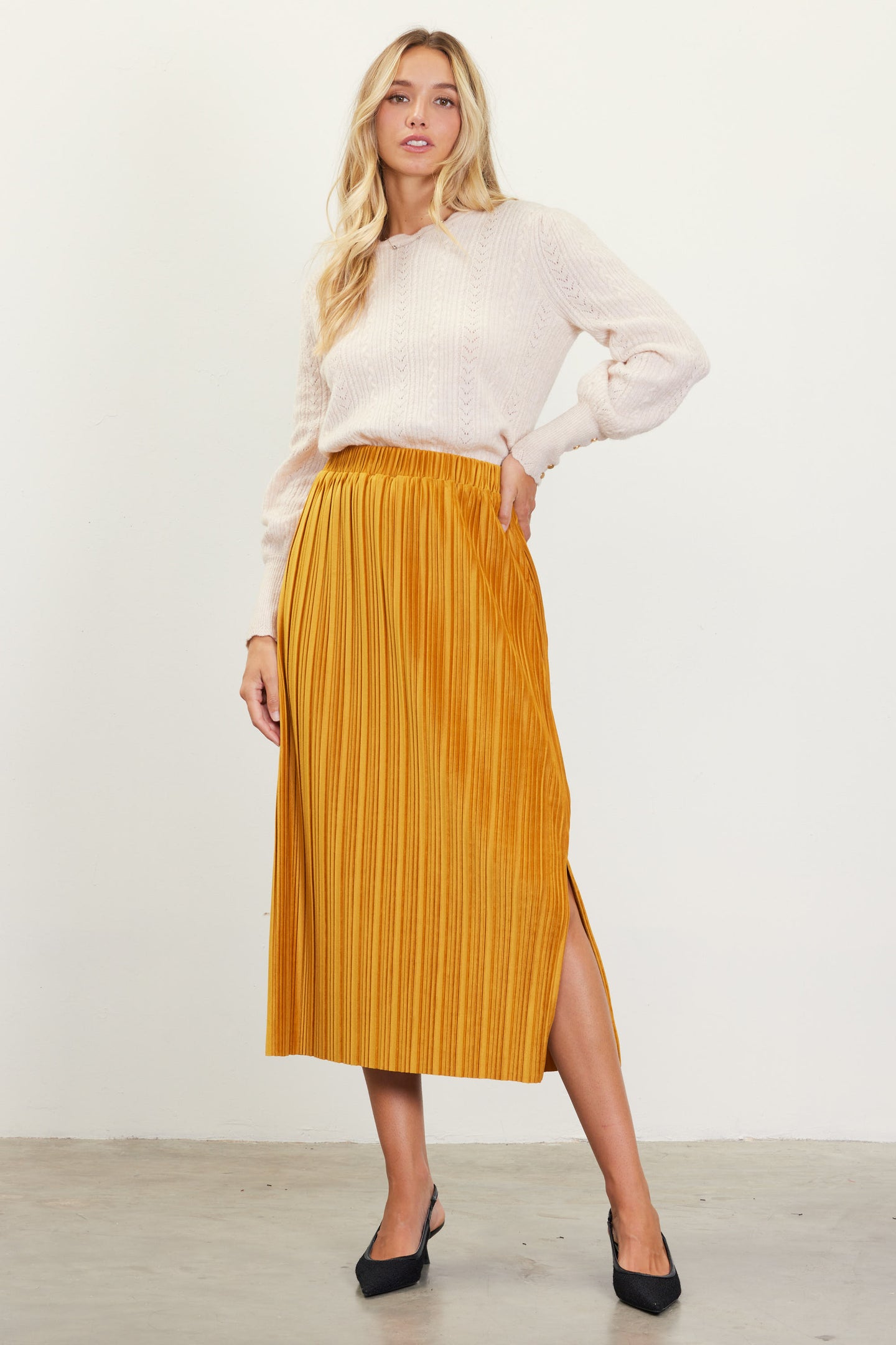 Pleated Velvet Midi Skirt