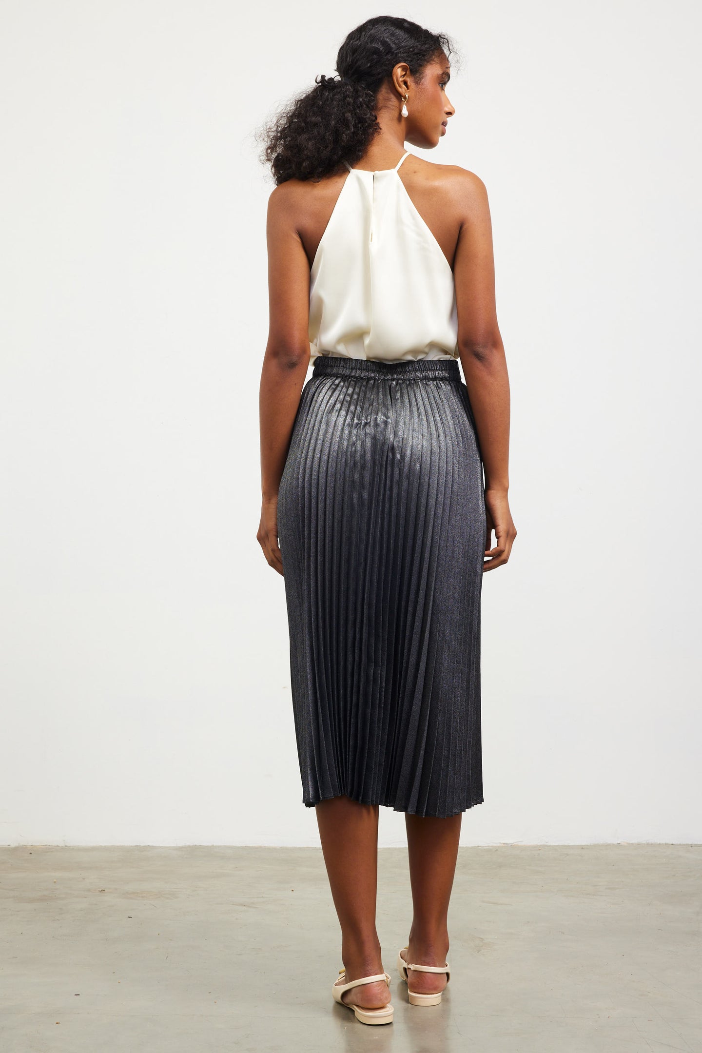 Metallic Foil Pleated Midi Skirt