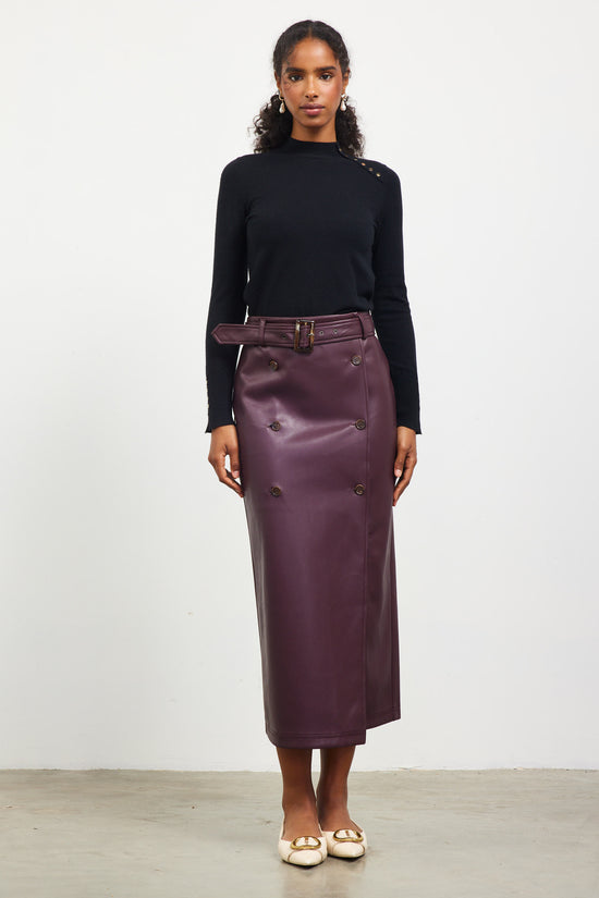 Faux Leather Belted Midi Skirt