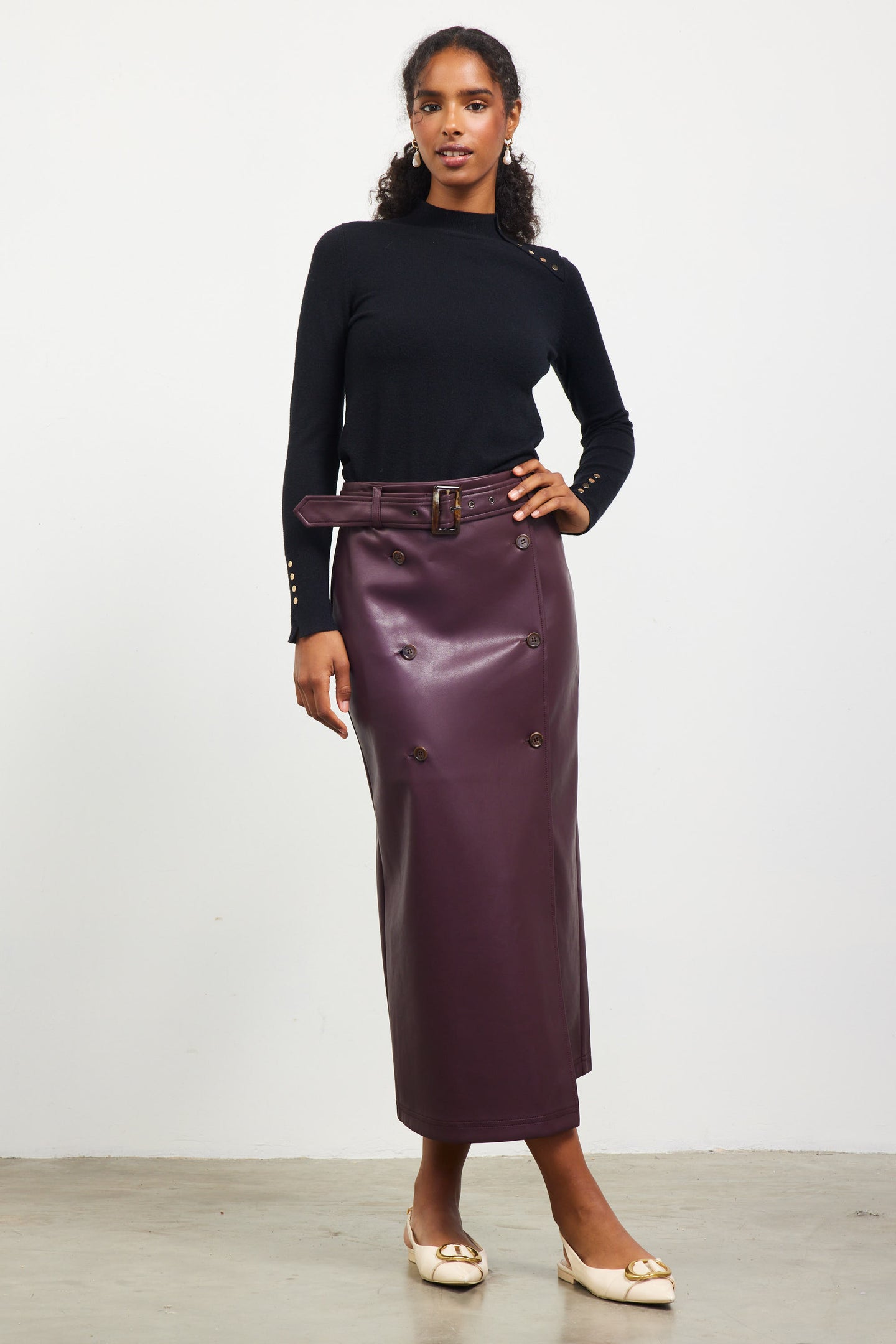 Faux Leather Belted Midi Skirt