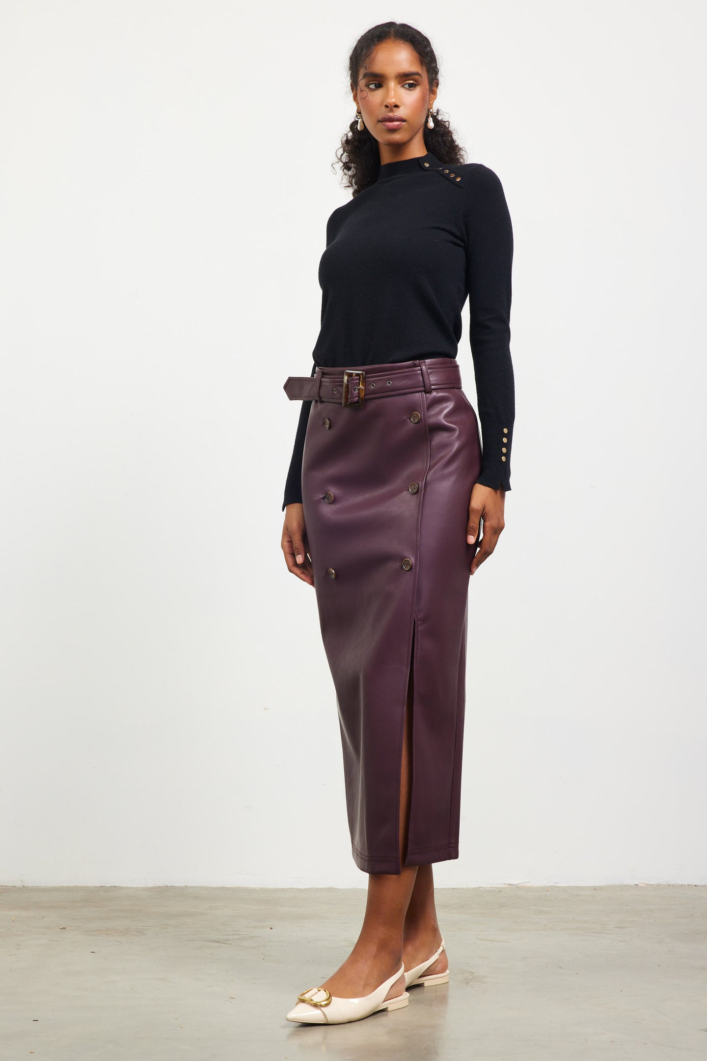 Faux Leather Belted Midi Skirt