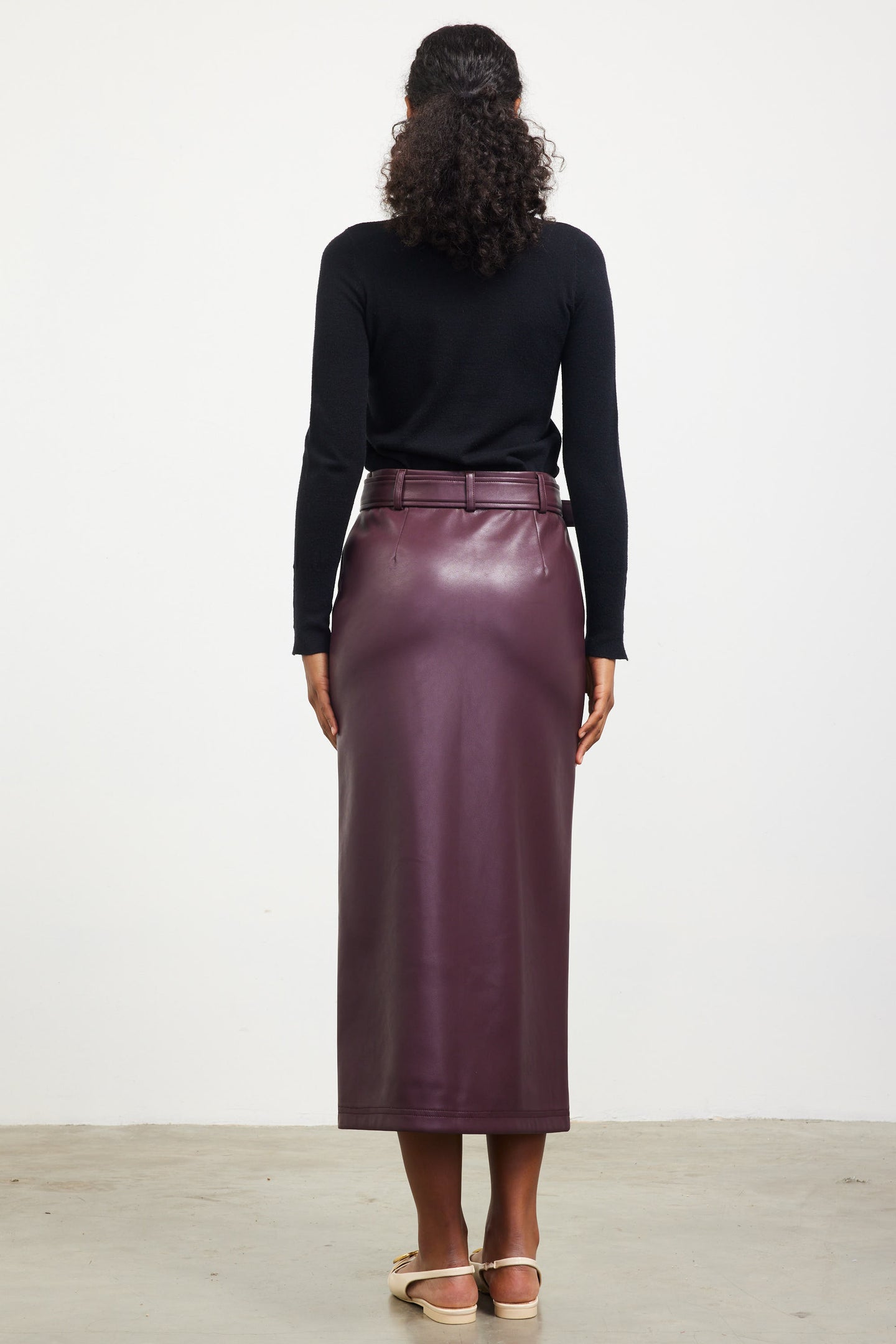 Faux Leather Belted Midi Skirt