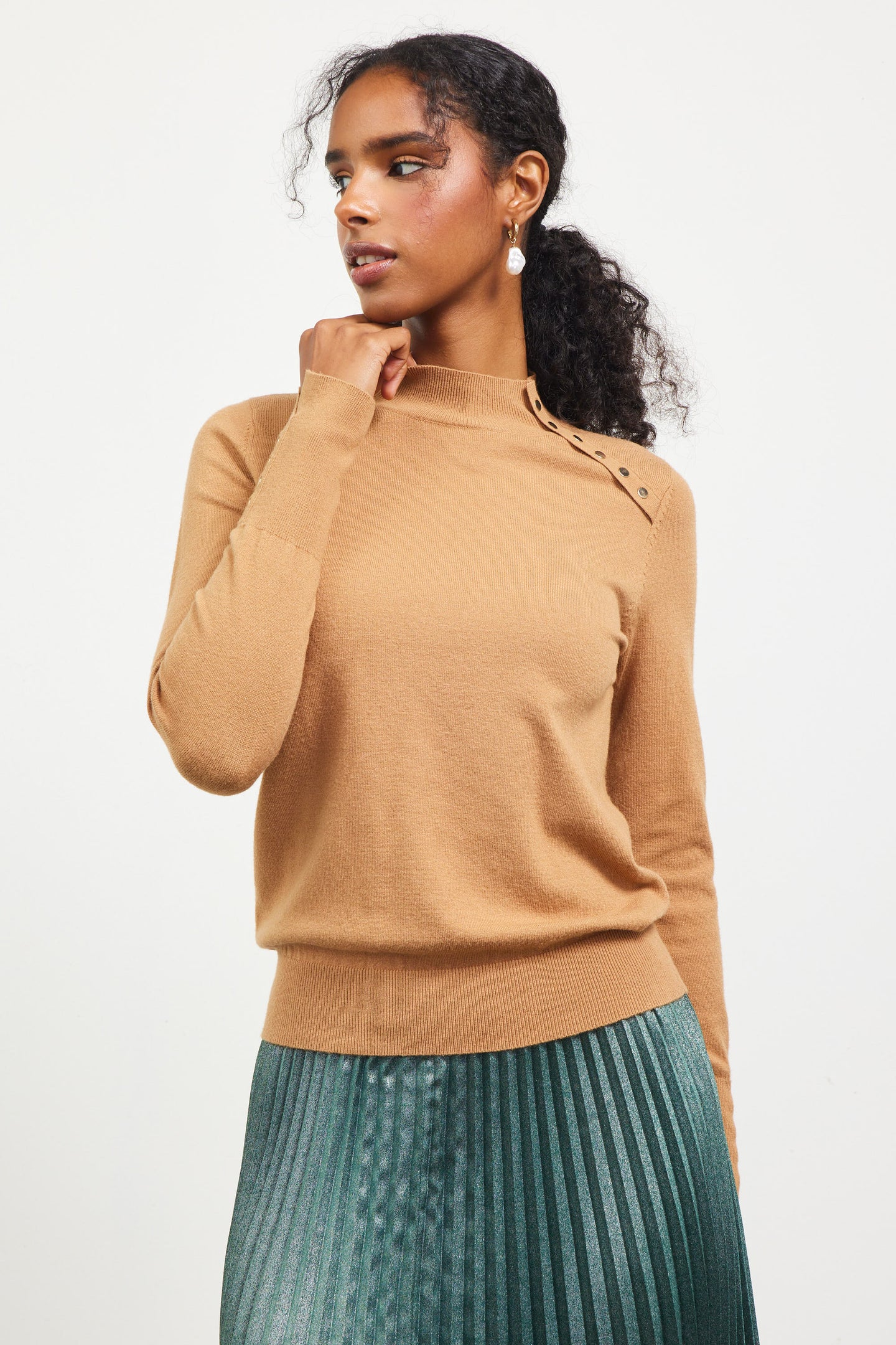 Button Detail Mock Neck Sweater