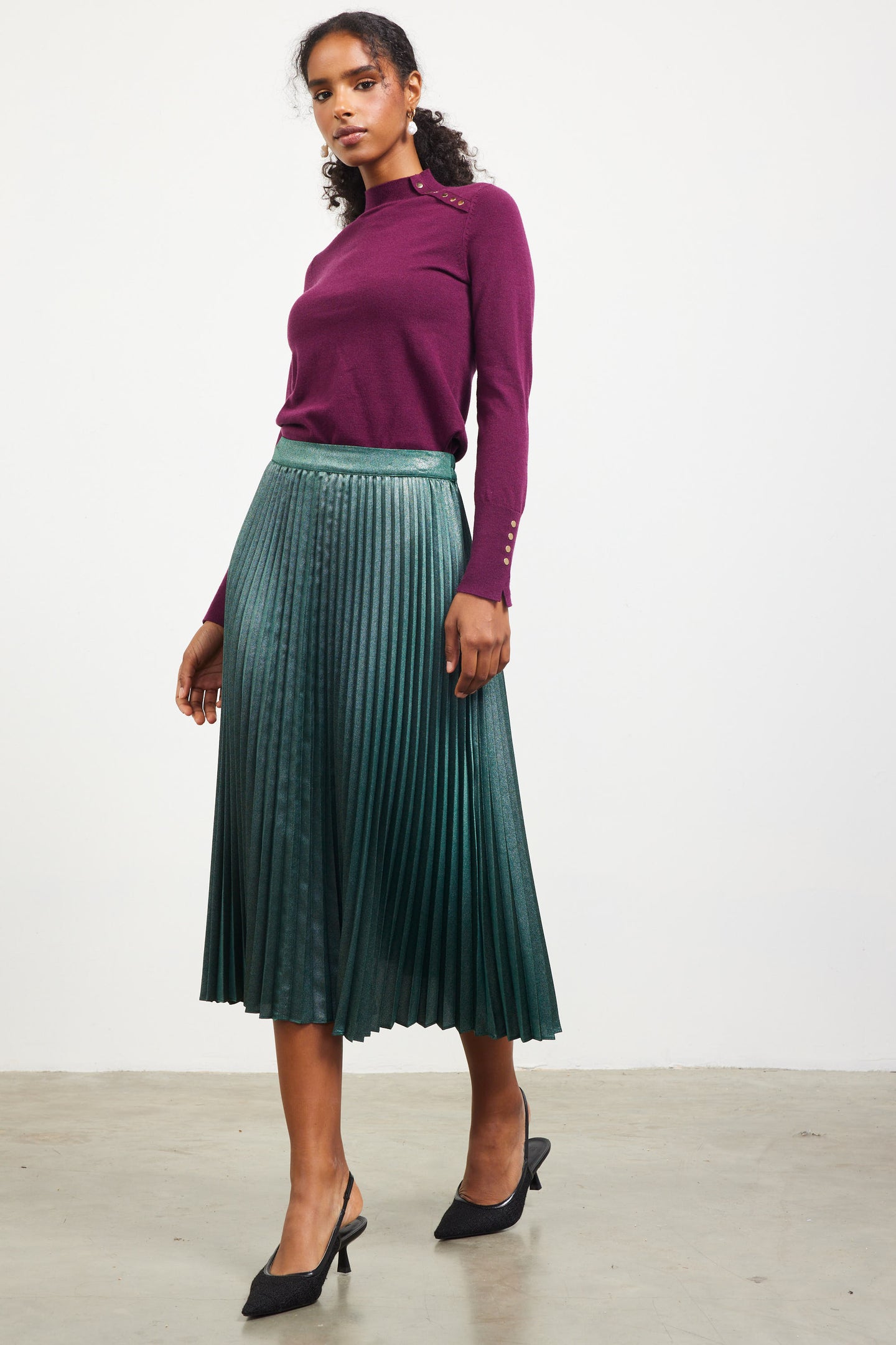 Metallic Foil Pleated Midi Skirt