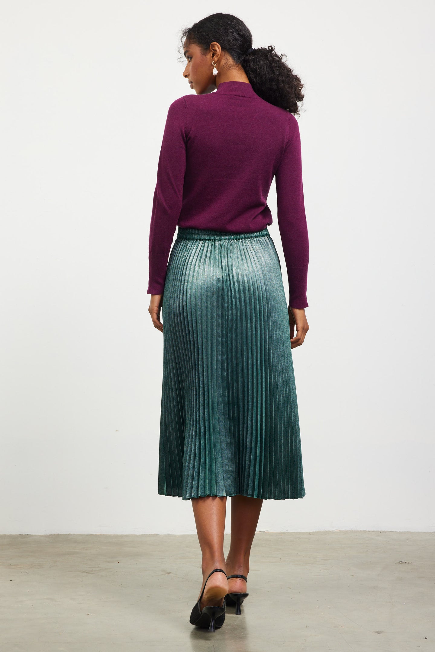 Metallic Foil Pleated Midi Skirt