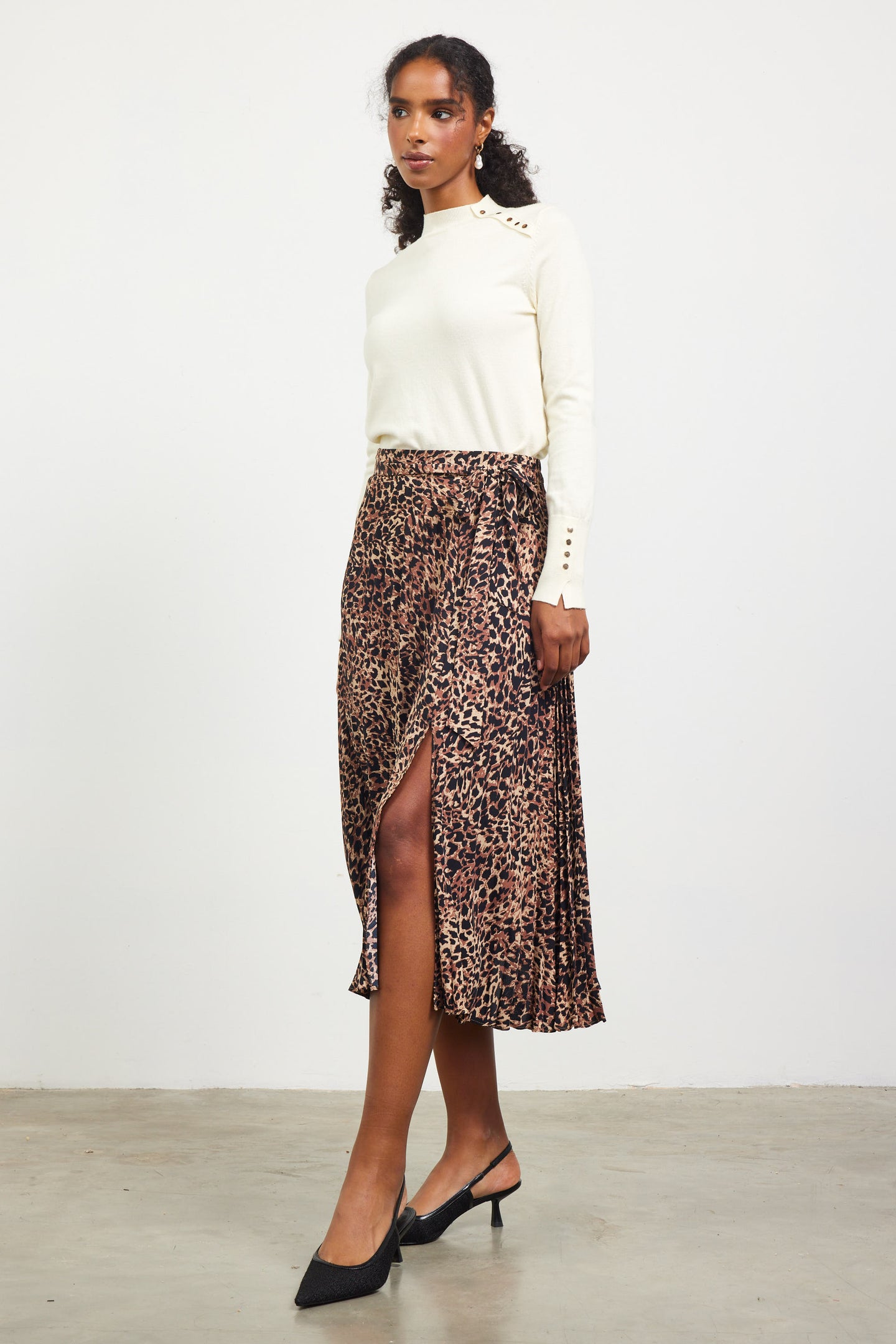 Leopard Print Pleated Midi Skirt