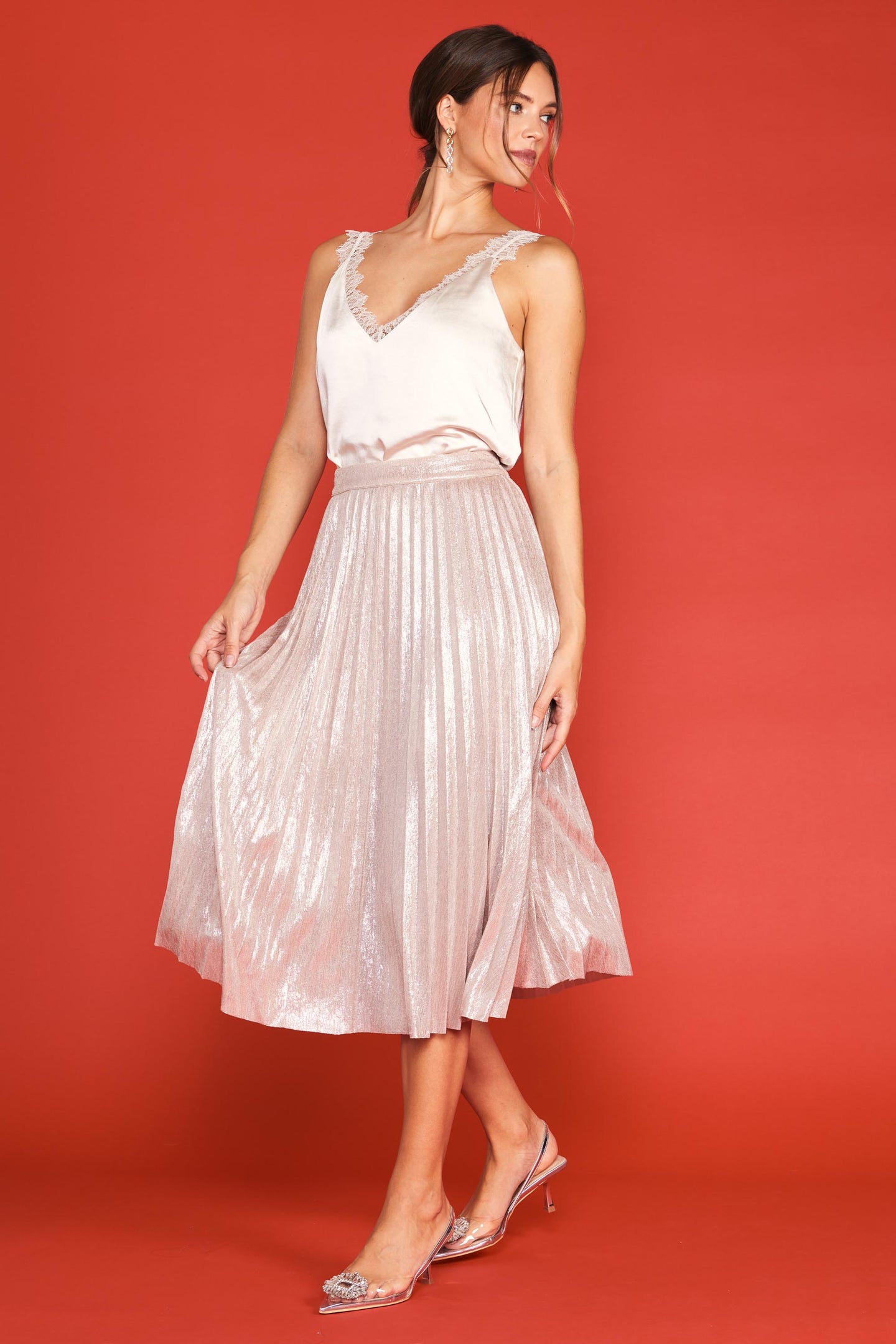 Metallic Foil Pleated Midi Skirt