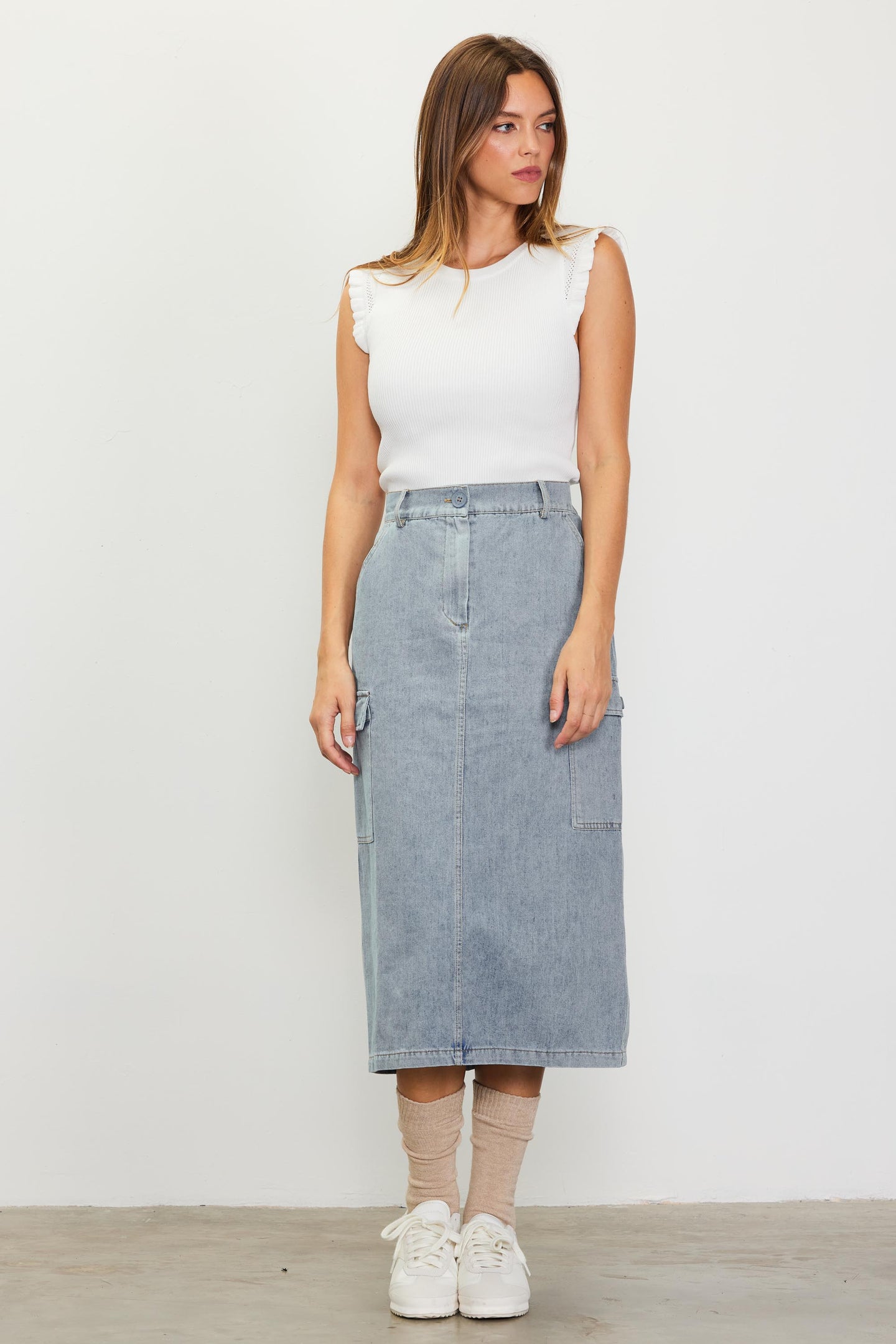 Cargo Detail Denim Midi Skirt