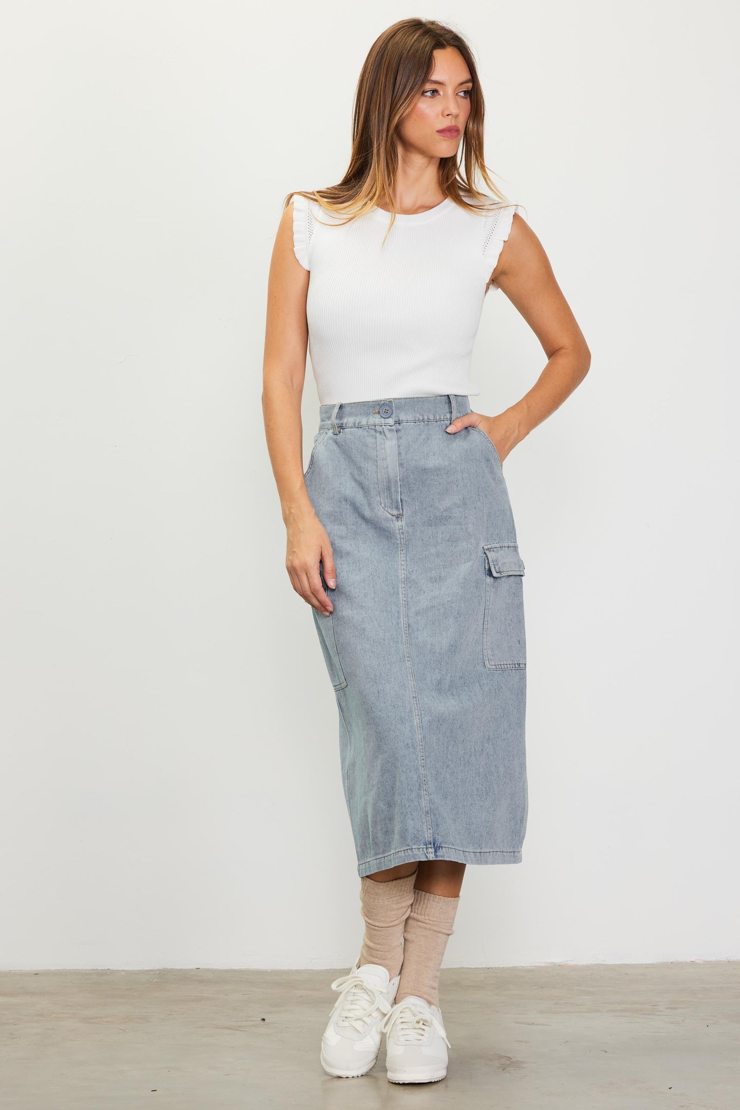 Cargo Detail Denim Midi Skirt