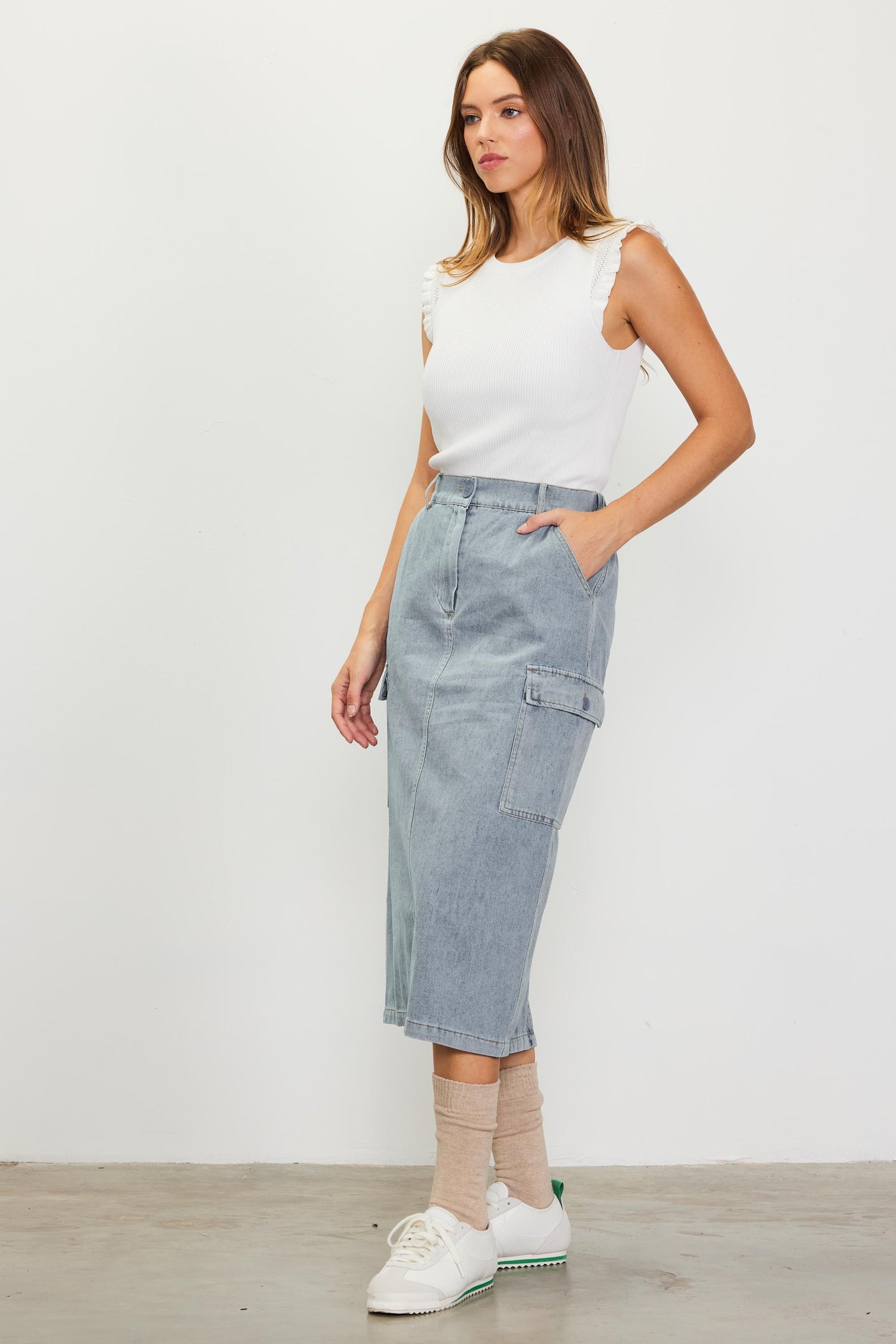 Cargo Detail Denim Midi Skirt