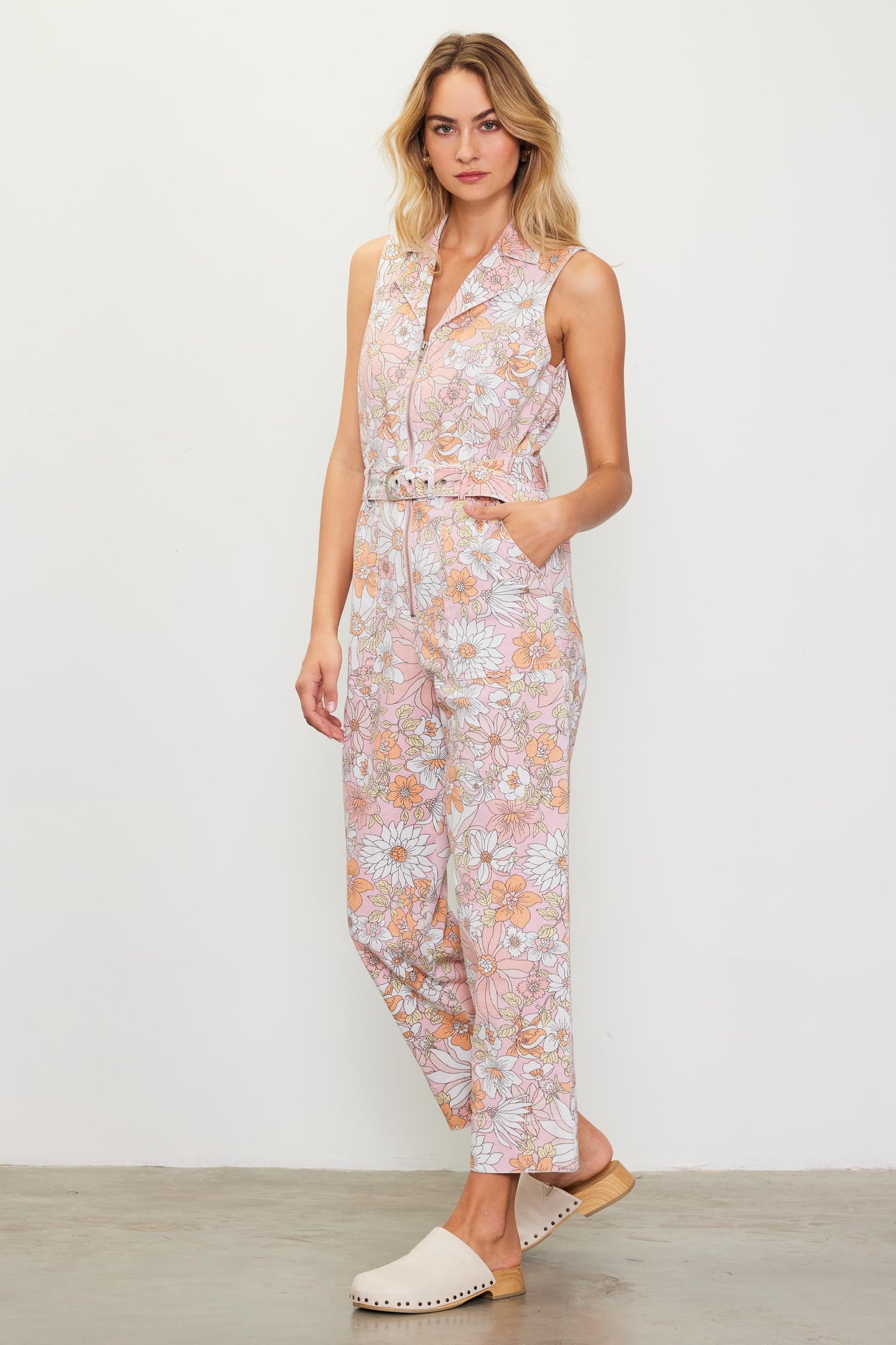 Retro Floral Belted Zip Jumpsuit