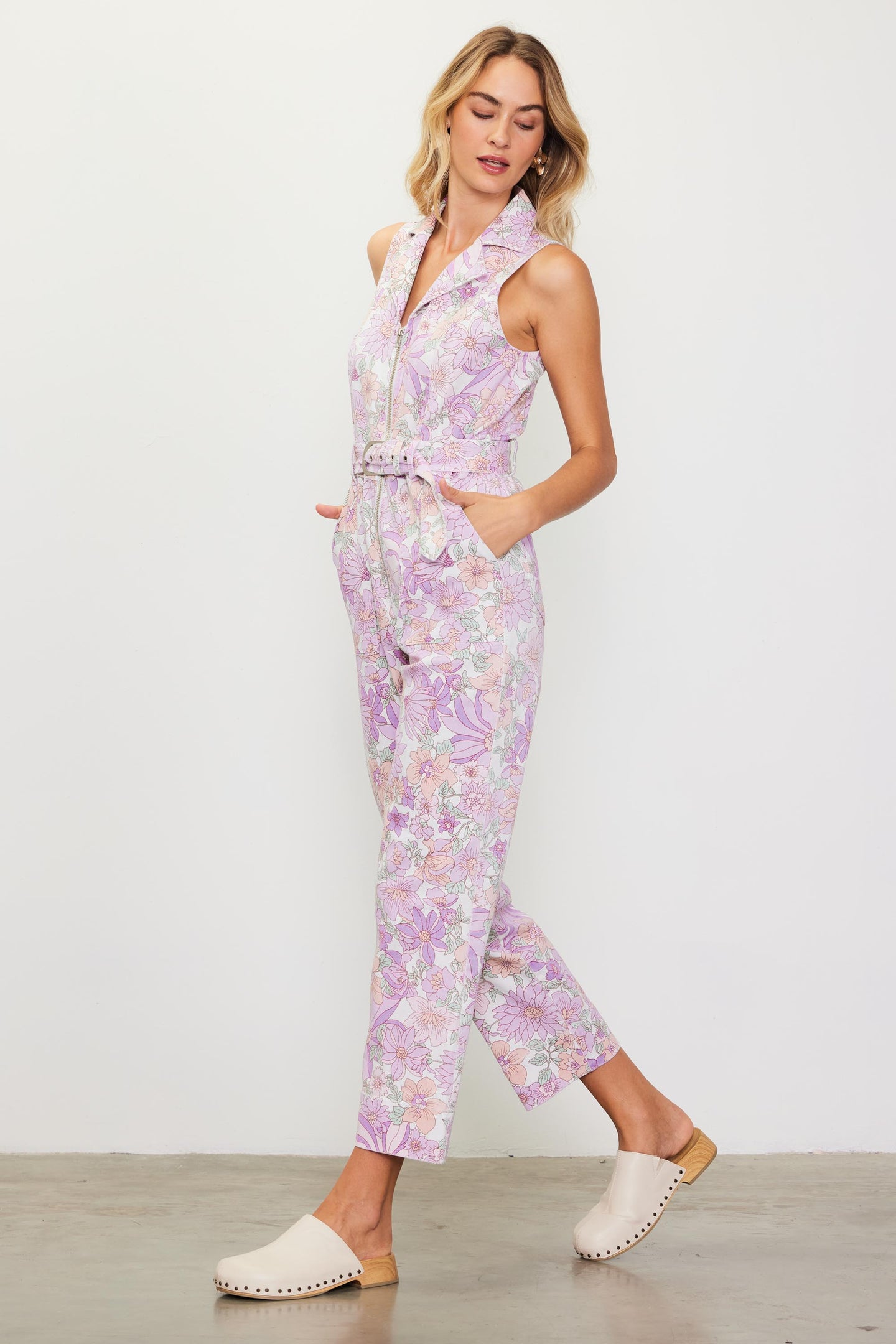 Retro Floral Belted Zip Jumpsuit