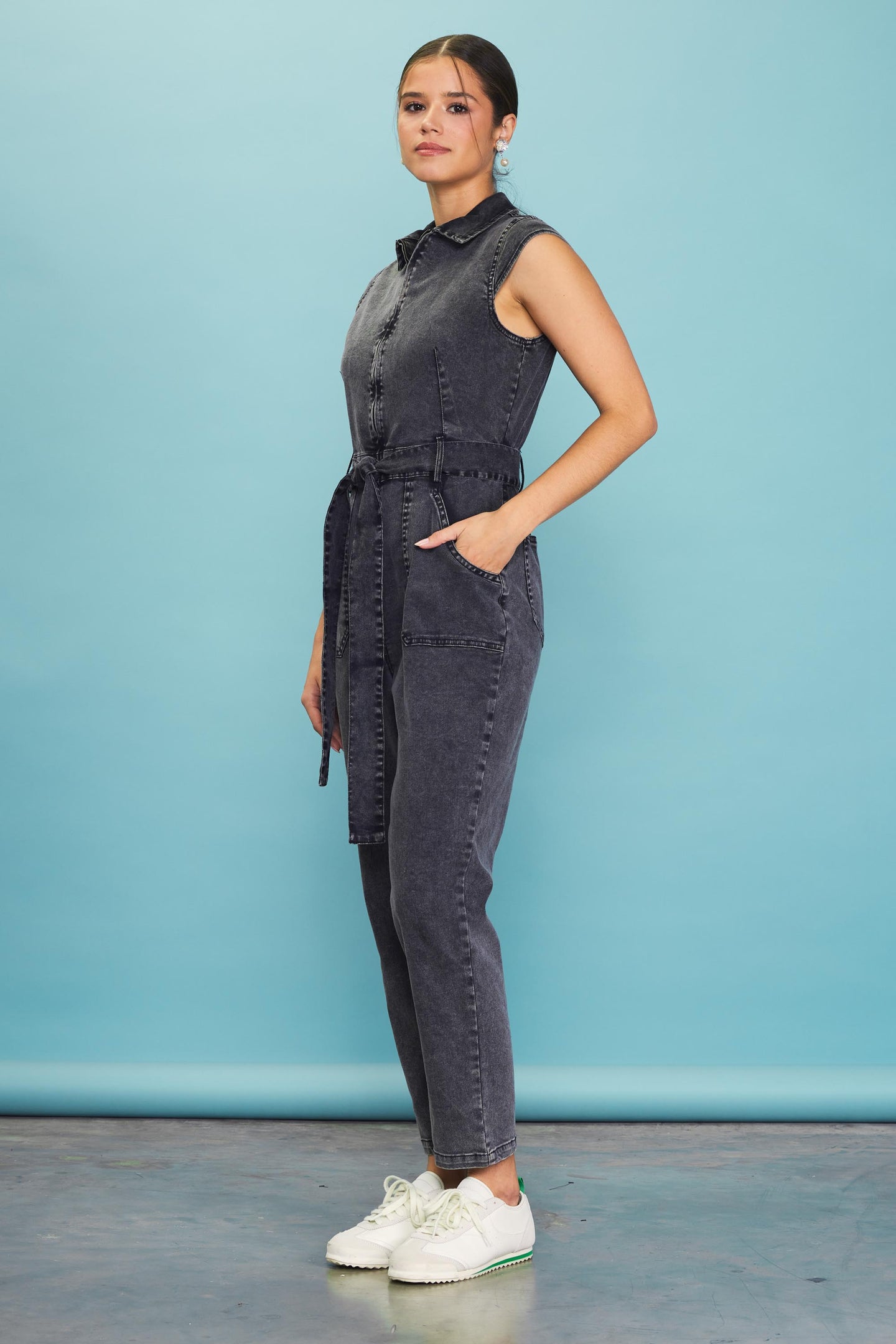 Sleeveless Washed Denim Jumpsuit