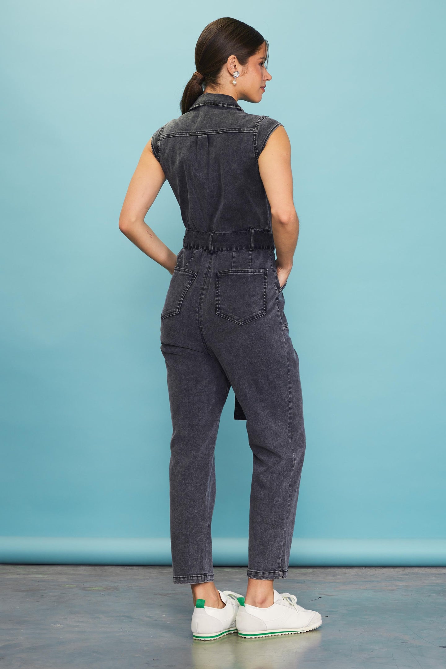 Sleeveless Washed Denim Jumpsuit