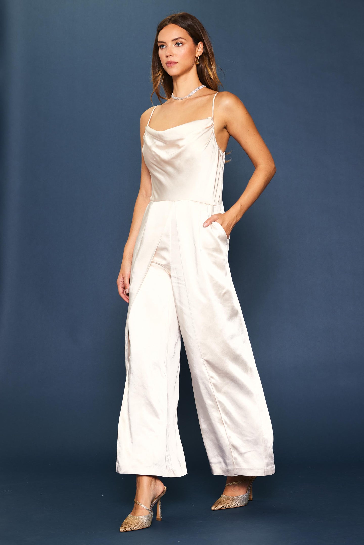 Cowl Neckline Satin Jumpsuit