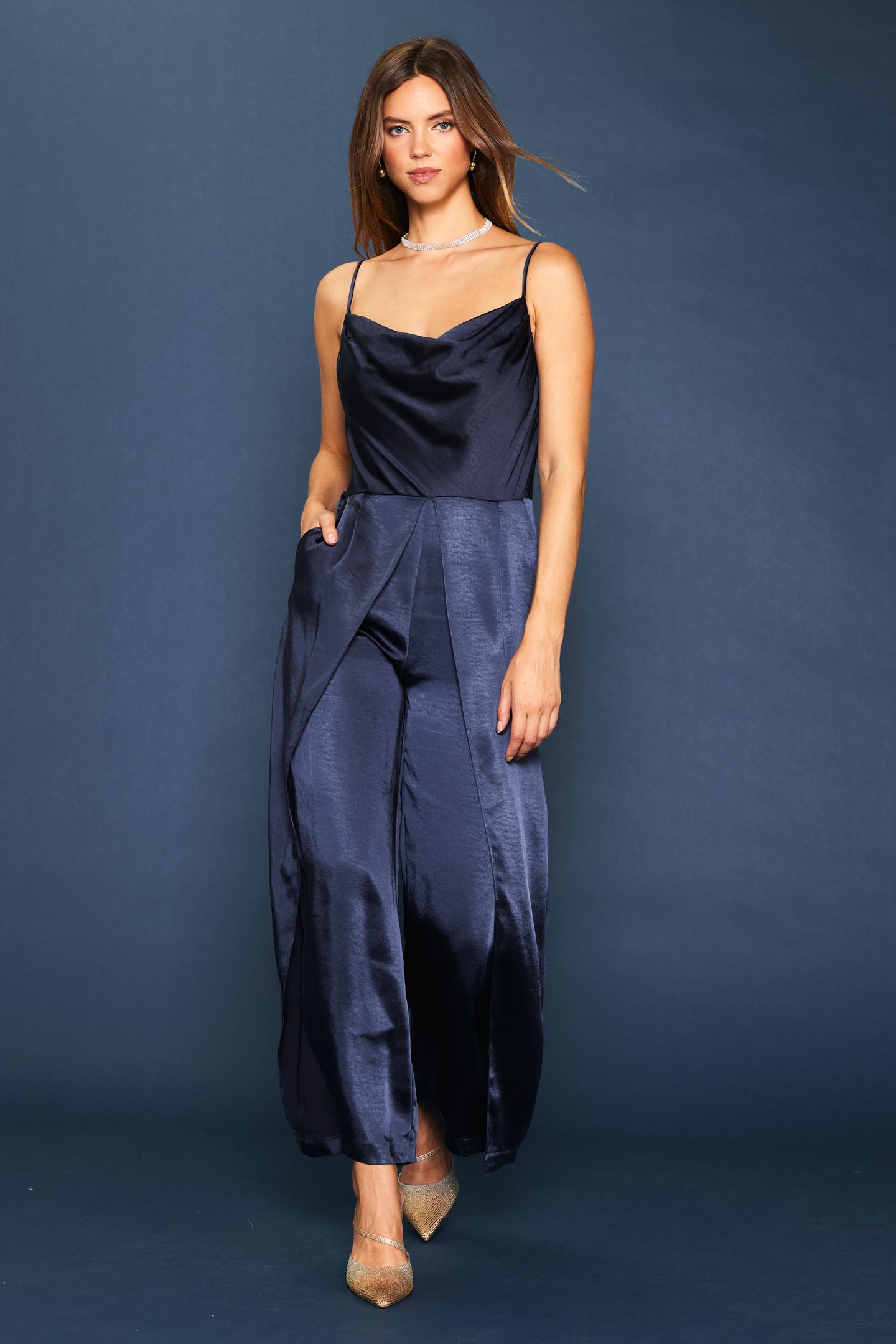 Cowl Neckline Satin Jumpsuit