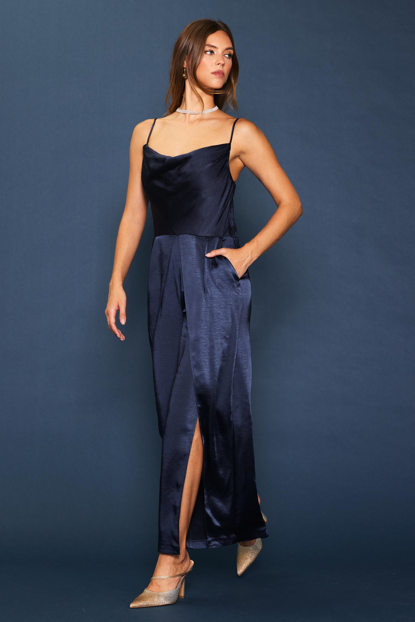 Cowl Neckline Satin Jumpsuit