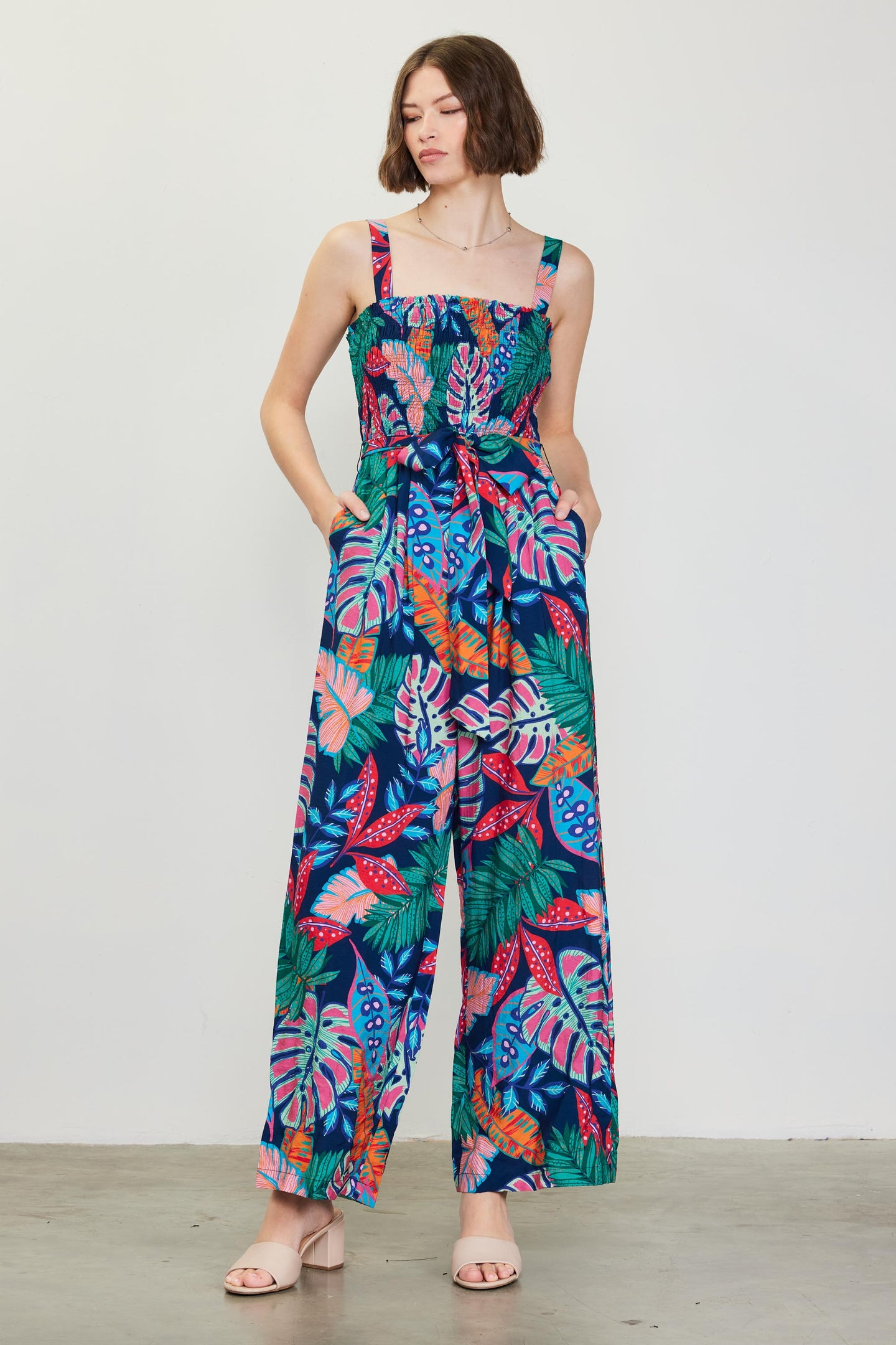 Ula Tropical Print Smocked Jumpsuit