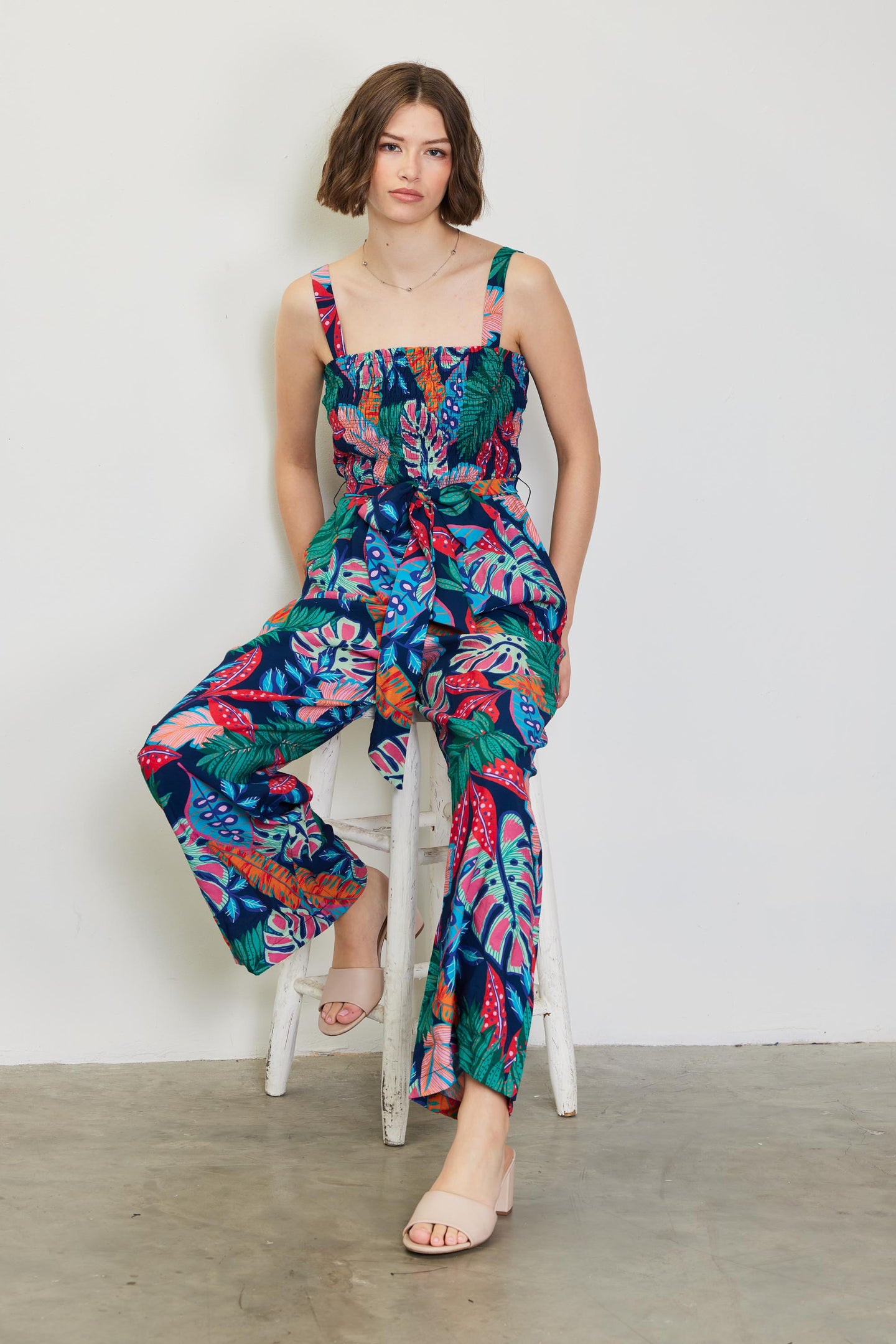 Ula Tropical Print Smocked Jumpsuit