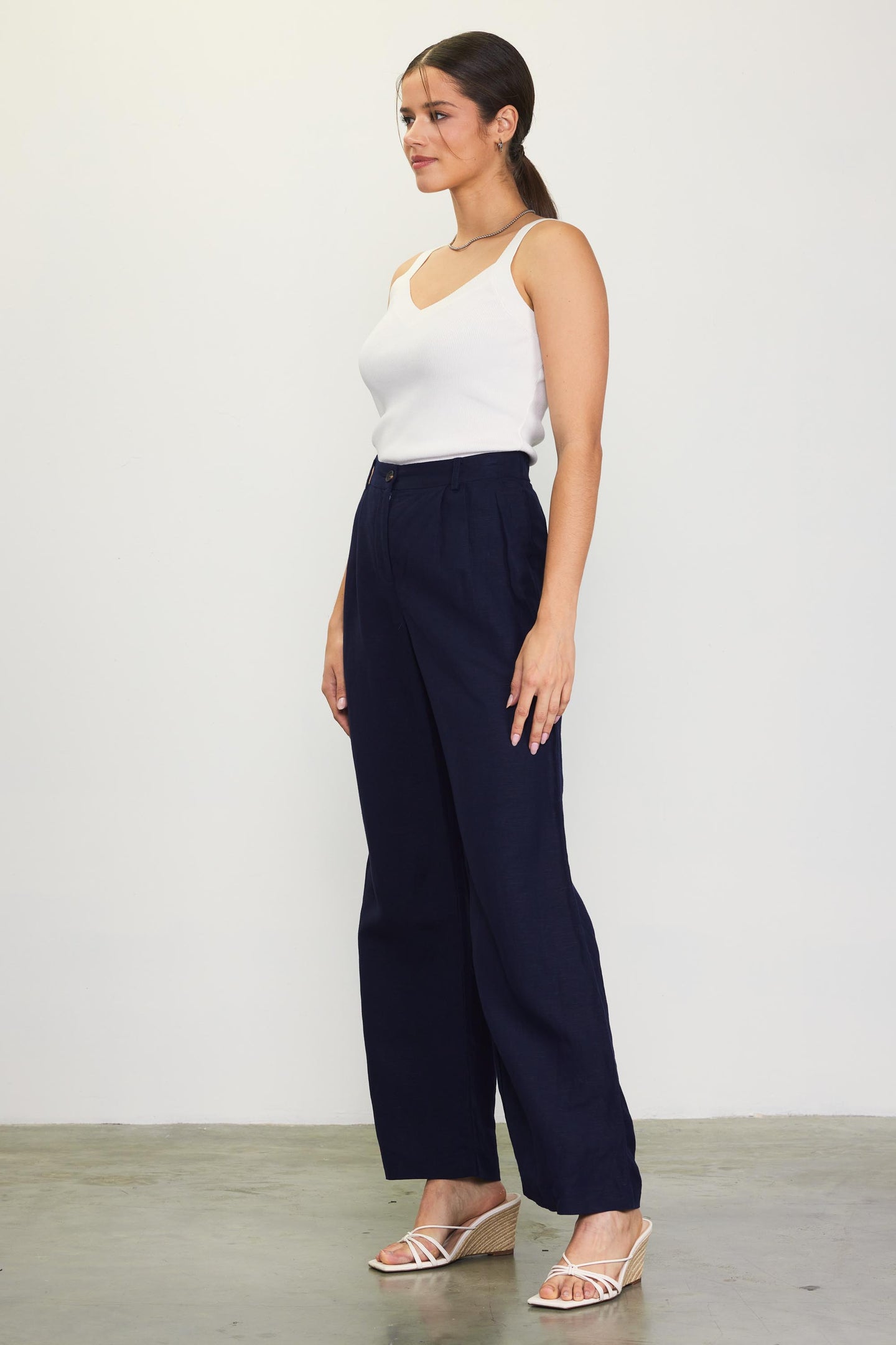 Linen Blend Wide Leg Trousers