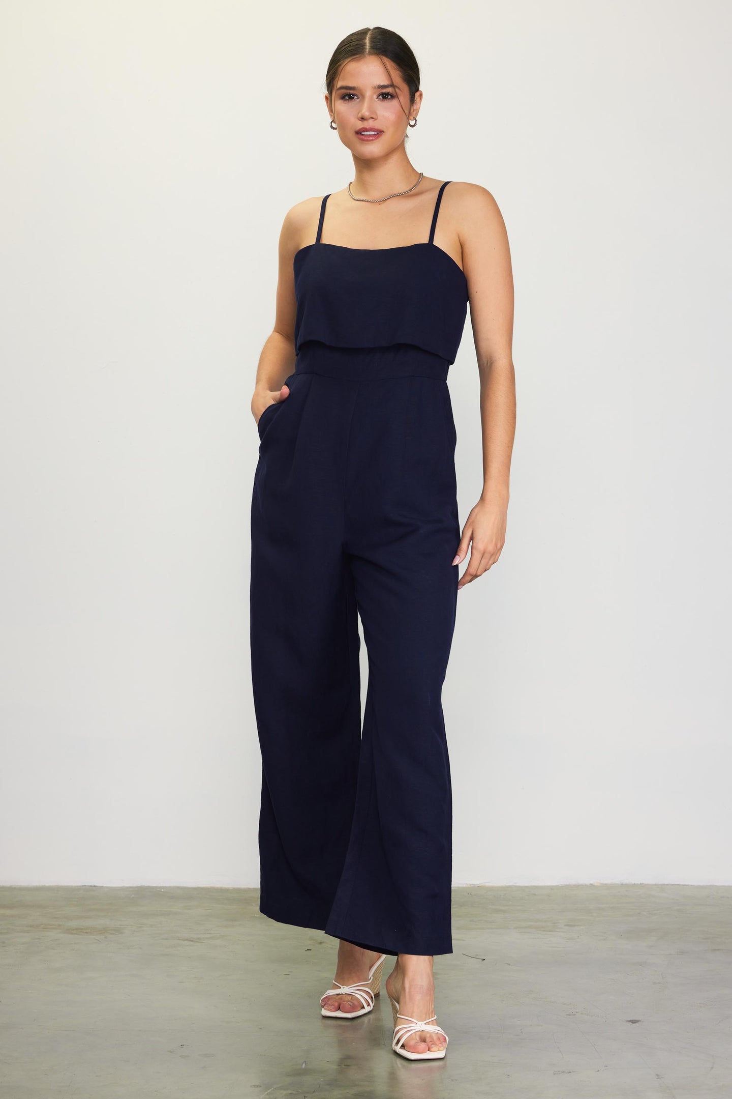 Linen Blend Shoulder Strap Jumpsuit