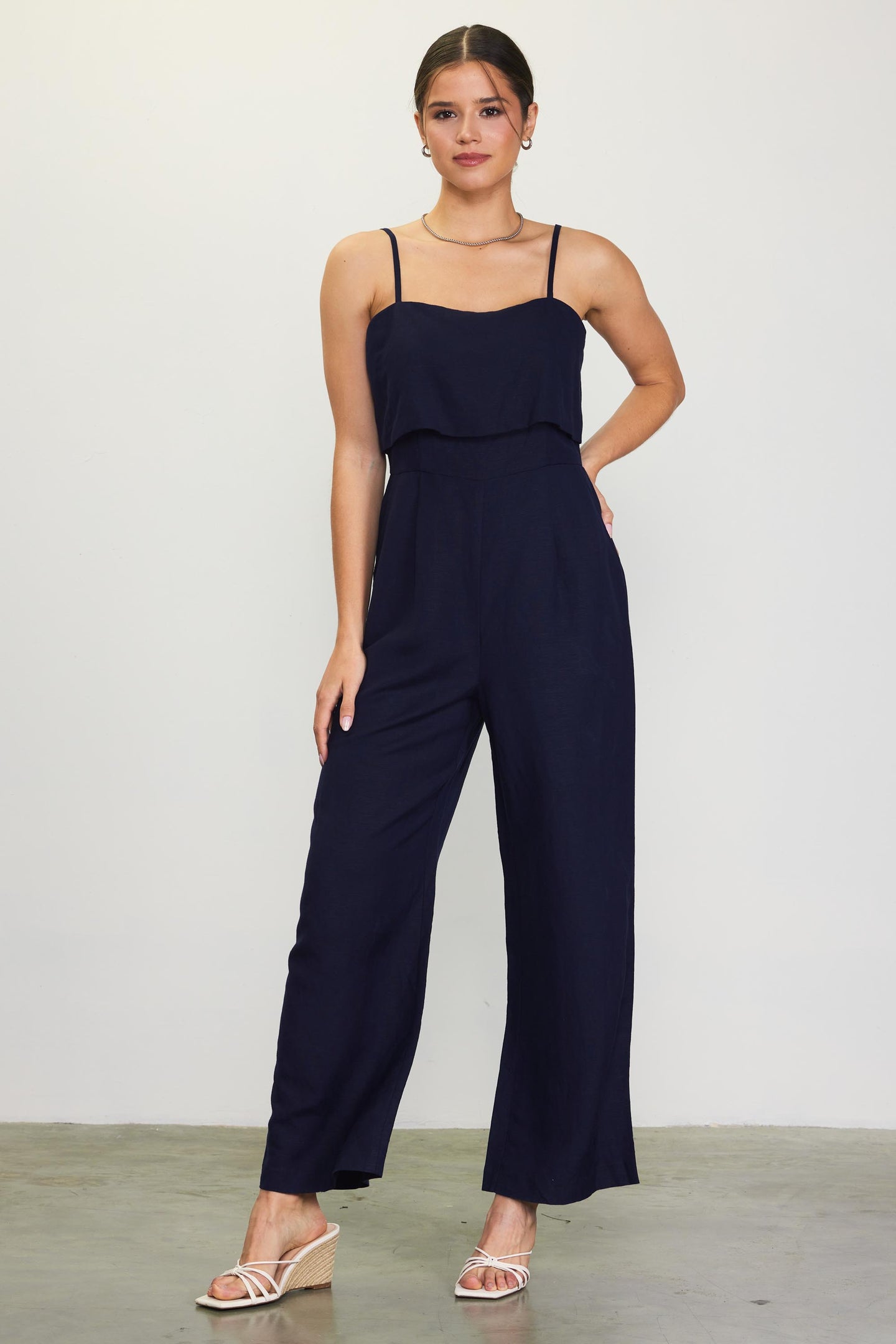 Linen Blend Shoulder Strap Jumpsuit