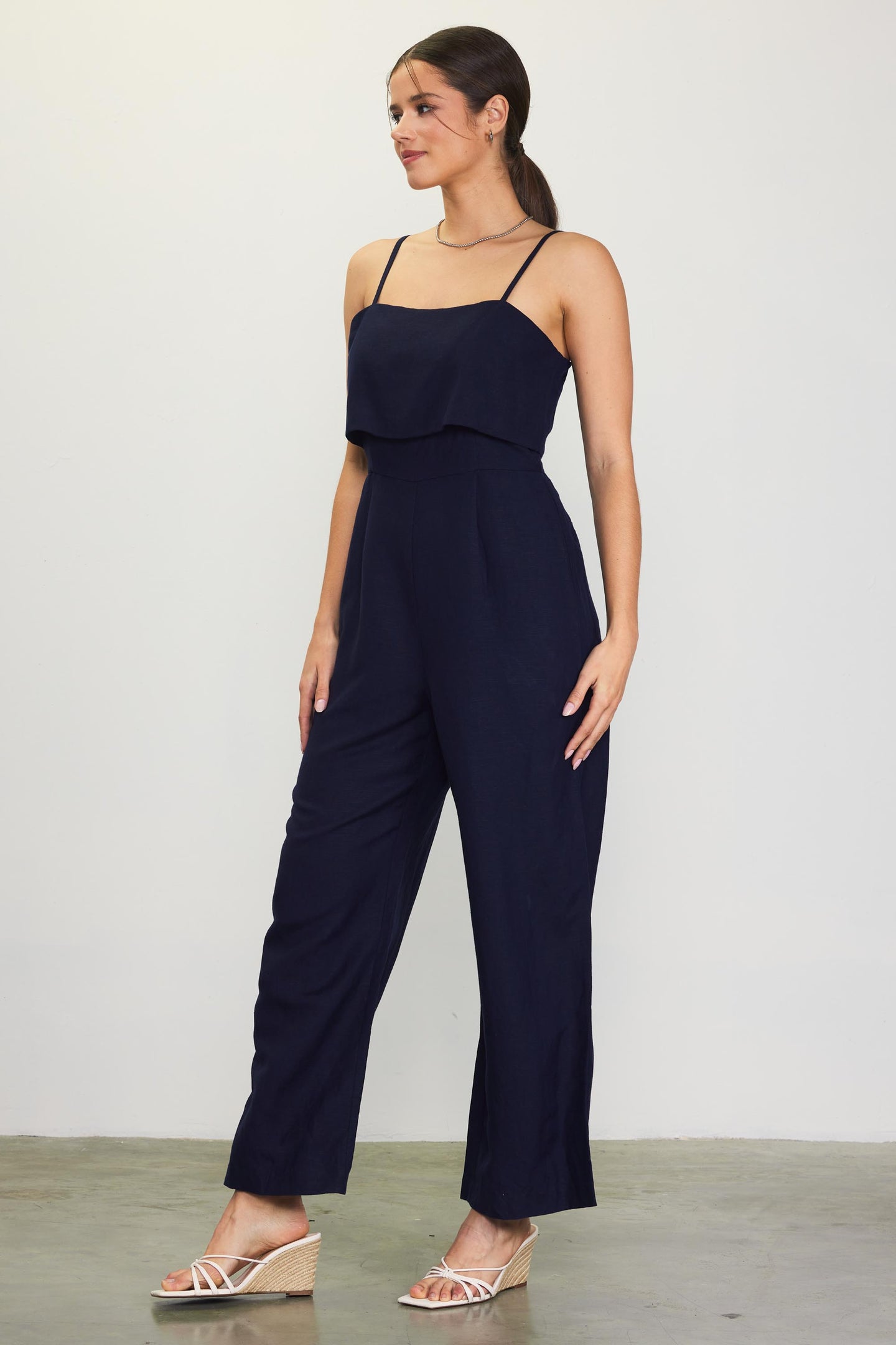 Linen Blend Shoulder Strap Jumpsuit