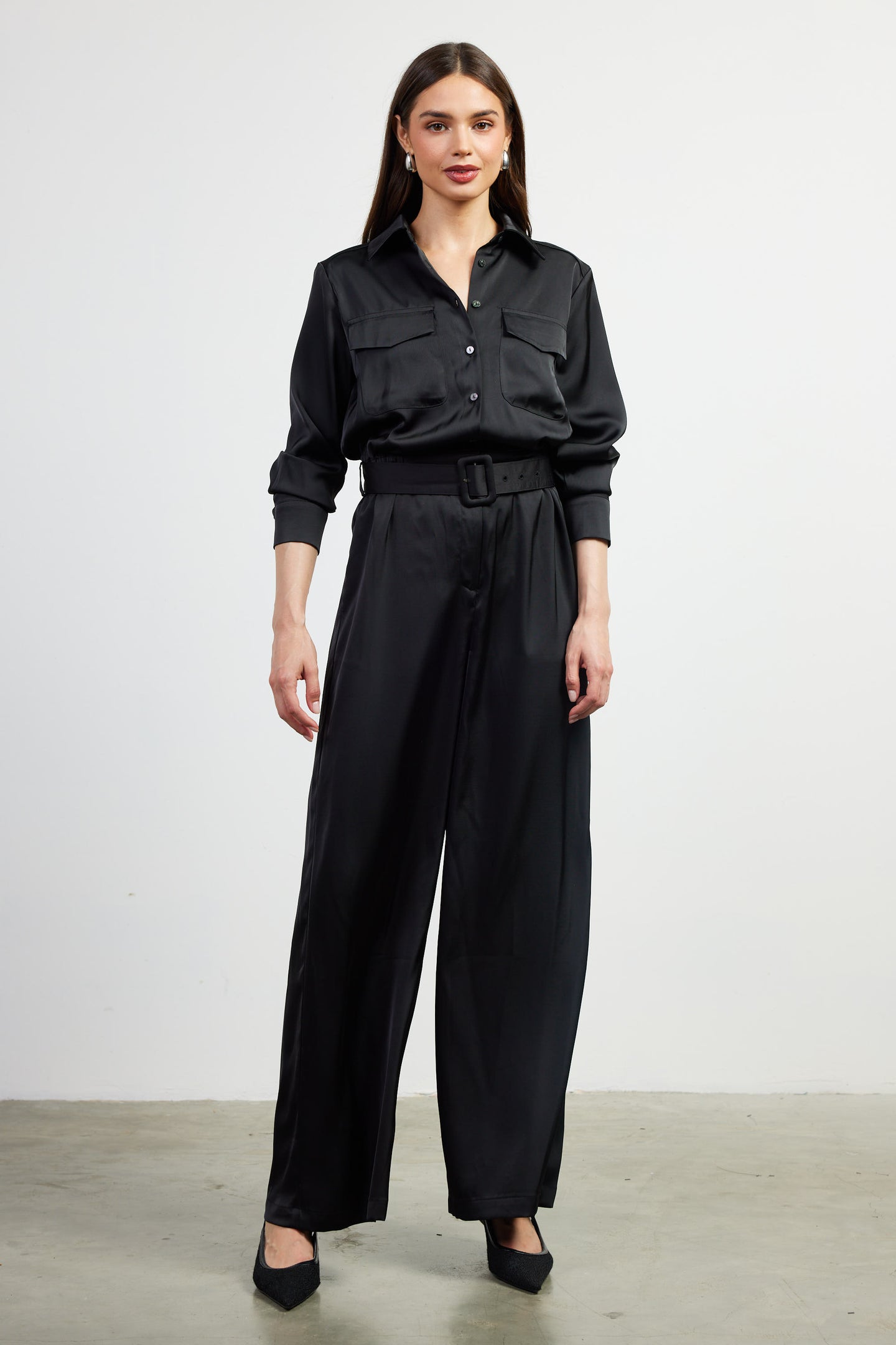 Satin Button Down Belted Jumpsuit