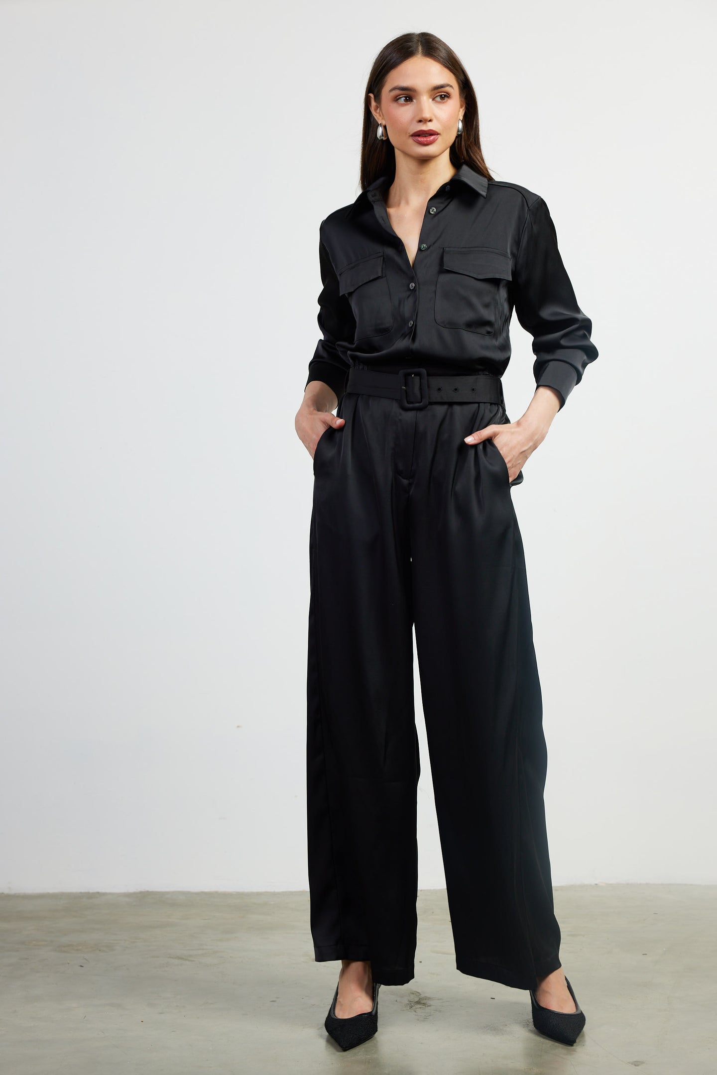 Satin Button Down Belted Jumpsuit