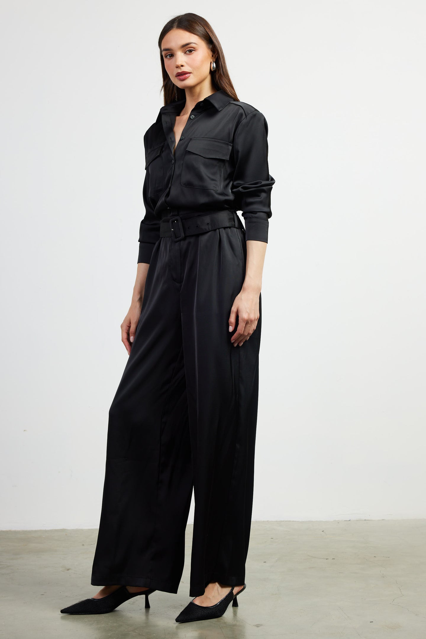 Satin Button Down Belted Jumpsuit