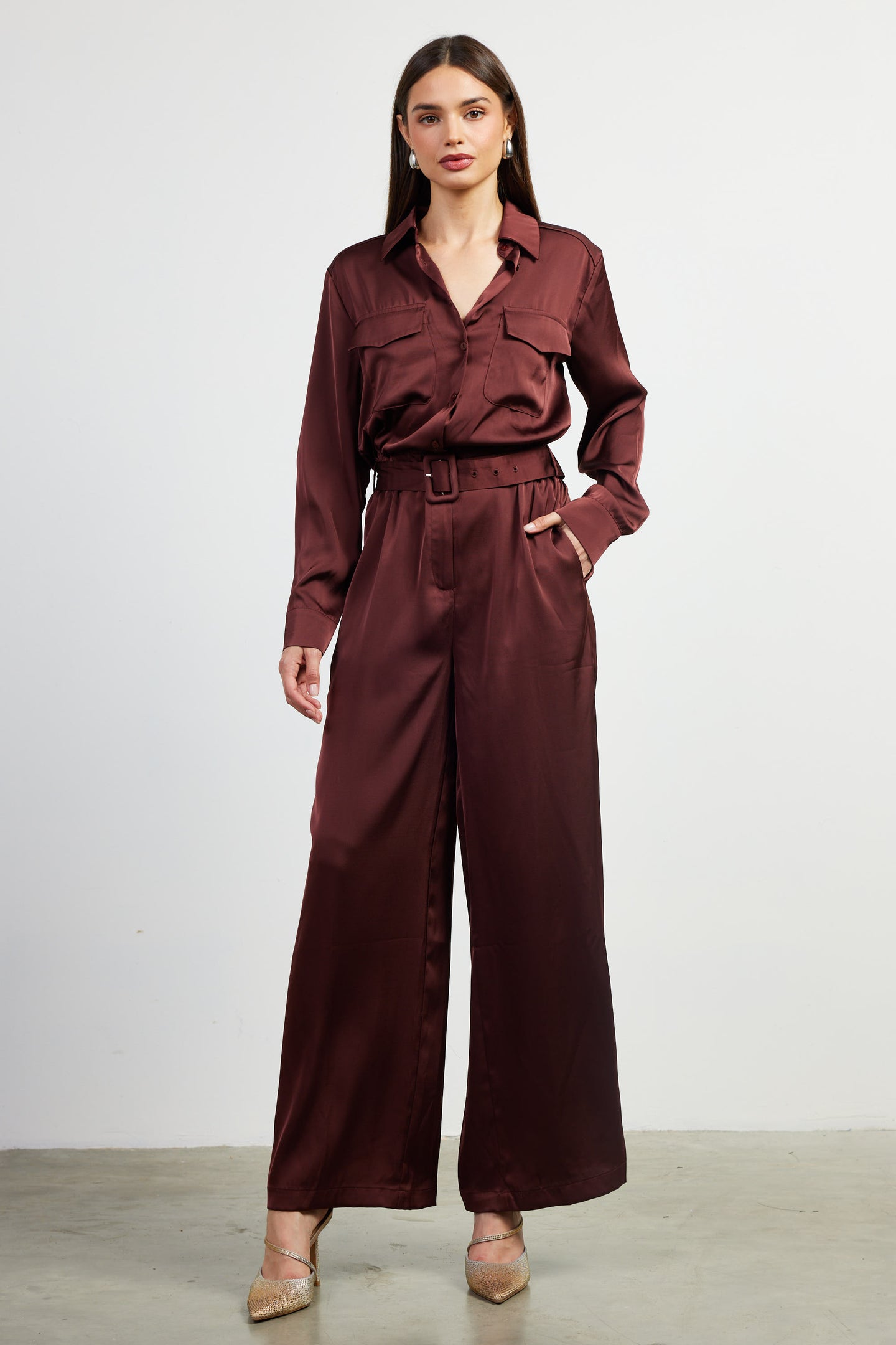 Satin Button Down Belted Jumpsuit