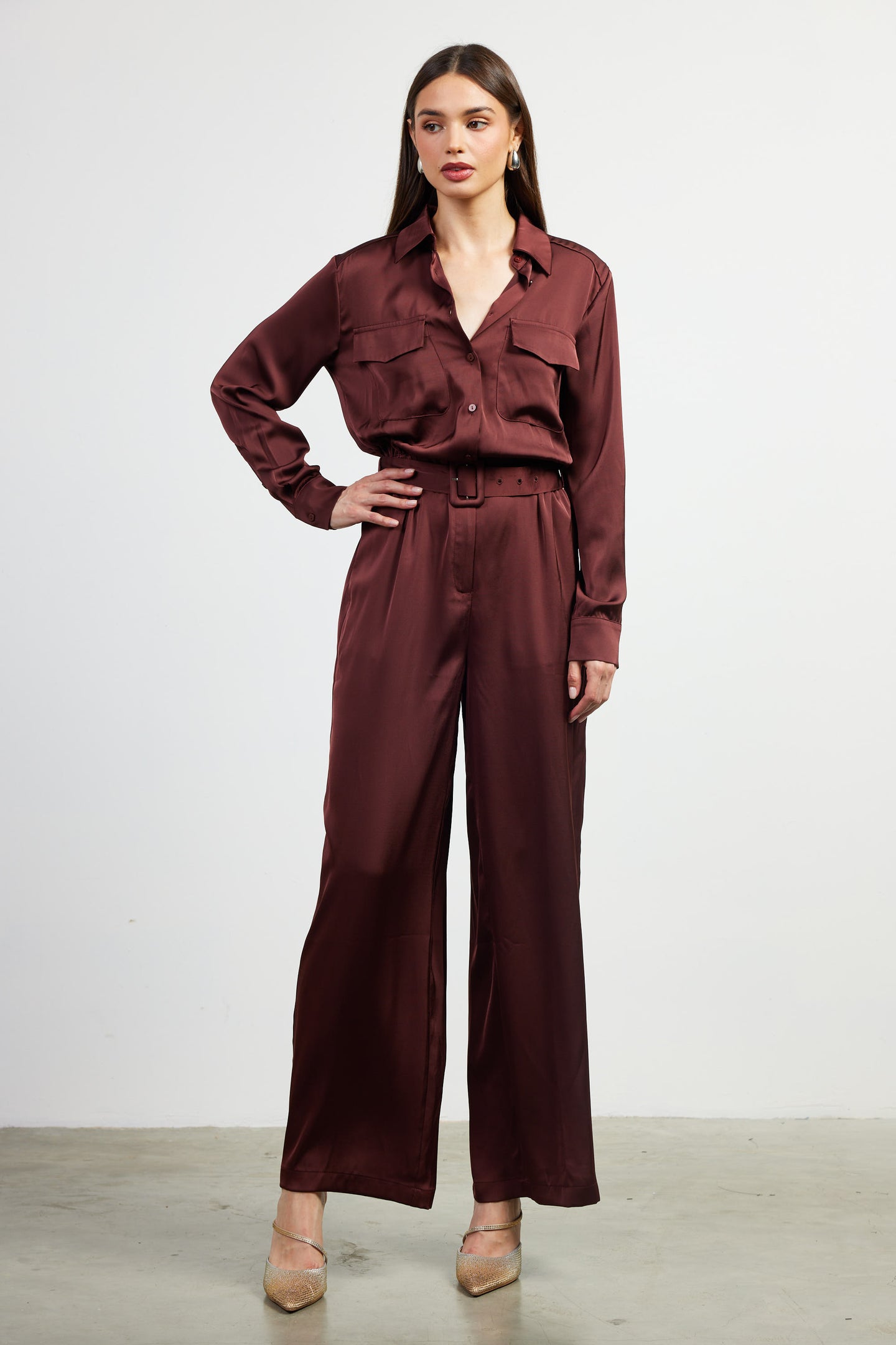 Satin Button Down Belted Jumpsuit