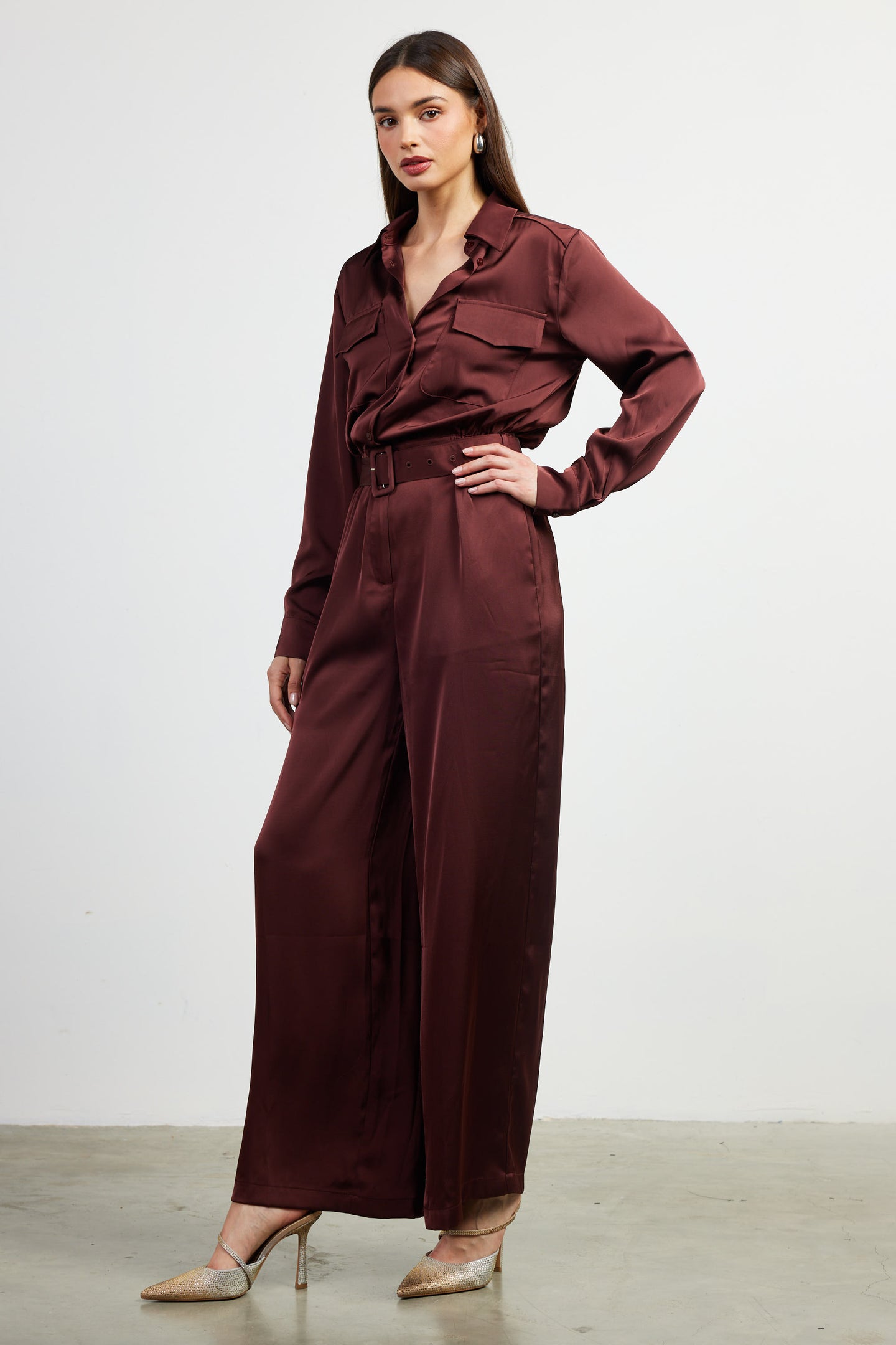 Satin Button Down Belted Jumpsuit