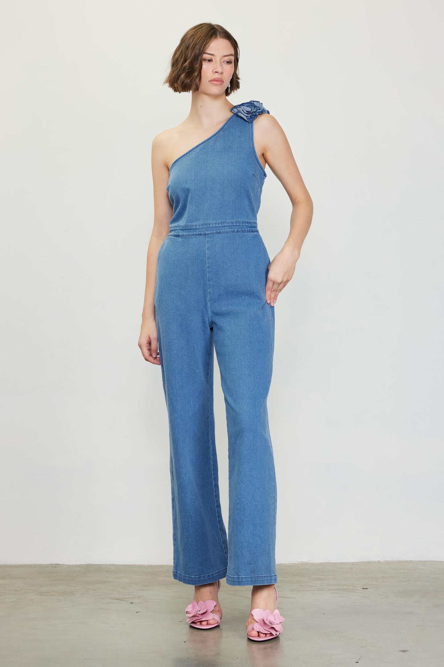 One Shoulder Denim Jumpsuit with Rosette