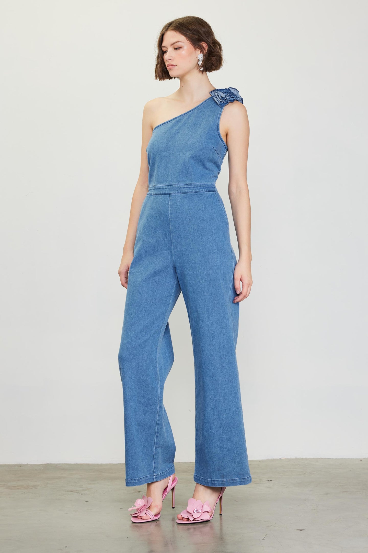 One Shoulder Denim Jumpsuit with Rosette