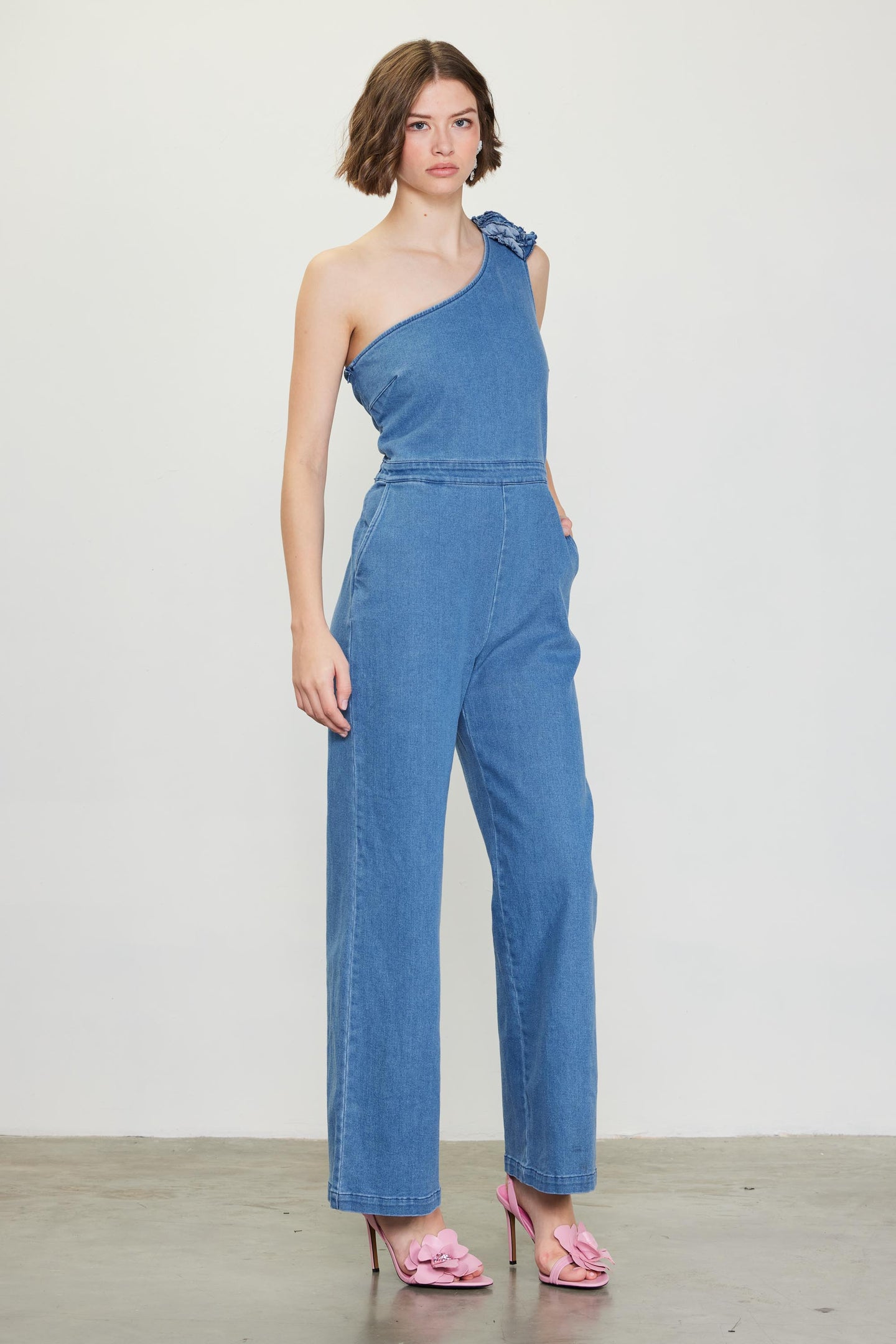 One Shoulder Denim Jumpsuit with Rosette