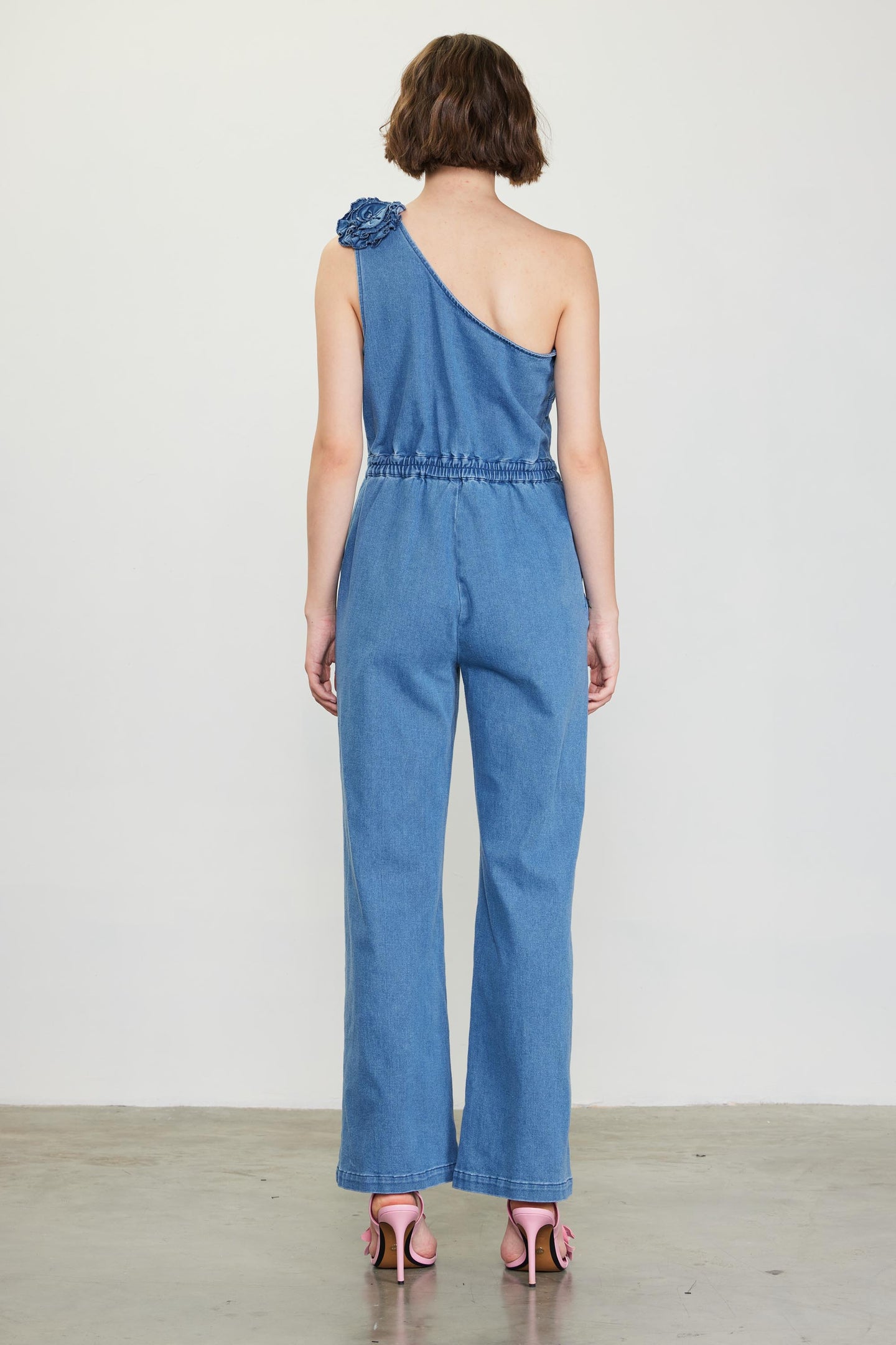 One Shoulder Denim Jumpsuit with Rosette