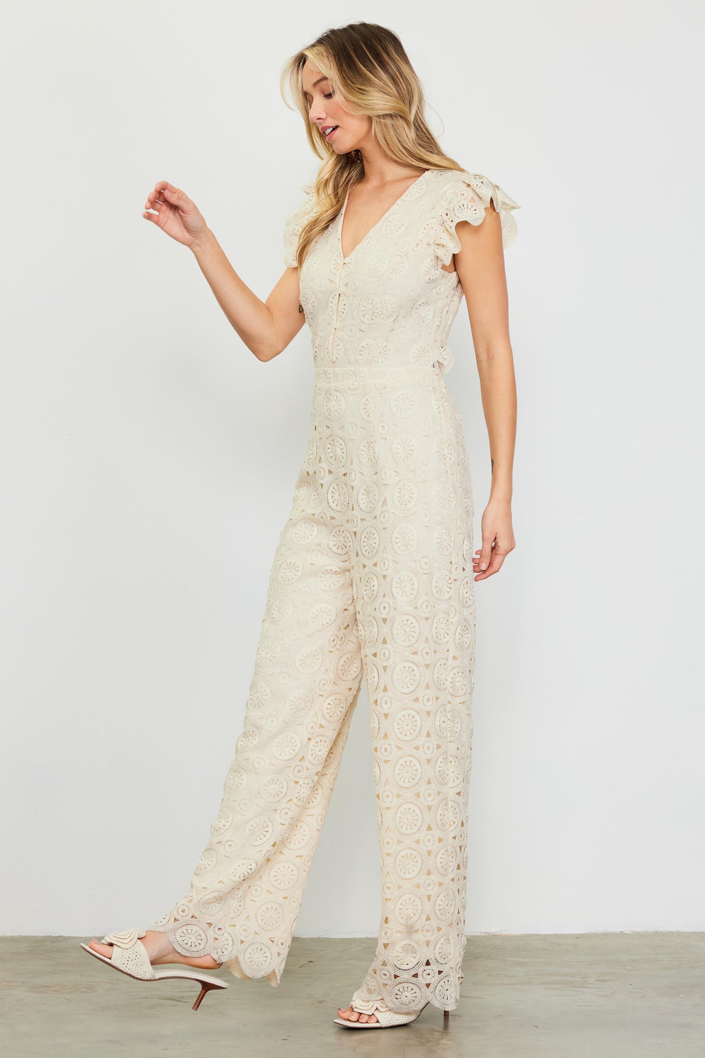 Crochet Ruffled Sleeve Jumpsuit